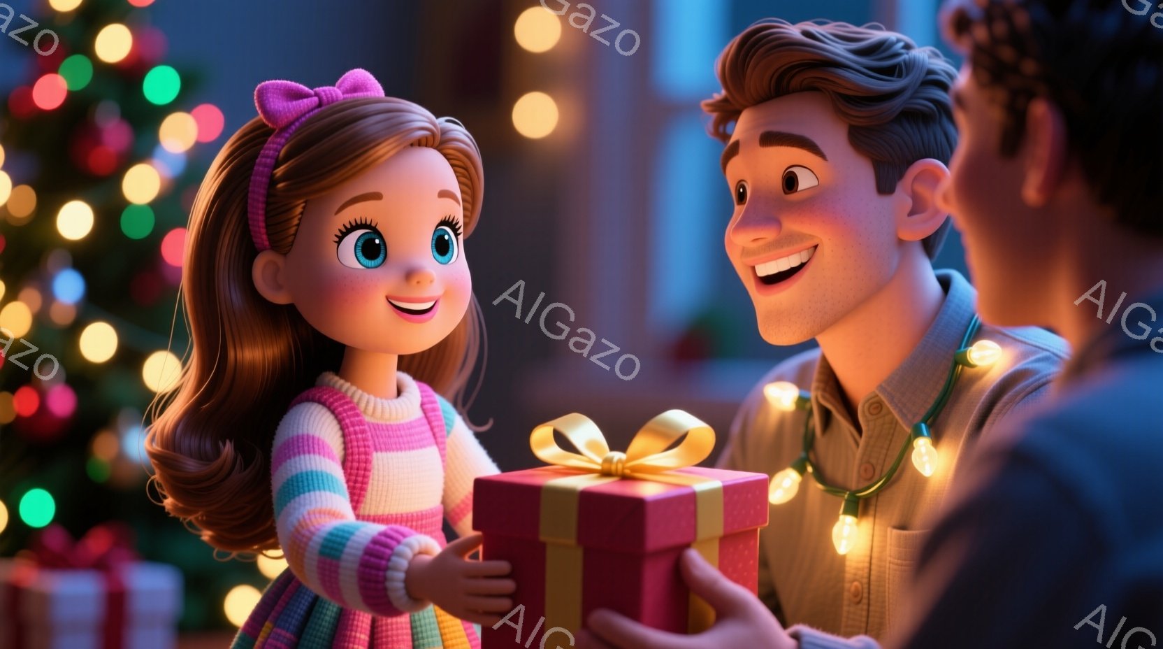 金髪でカールした髪にピンクのリボンをつけた少女が、ピンクのリボンで飾られた赤いプレゼントを受け取ろうとしています。彼女はカラフルなストライプのセーターを着ており、笑顔で期待に満ちた表情をしています。背景にはぼやけたクリスマスツリーと、暖かい光を放つストリングライトがあり、温かく幸せな雰囲気を醸し出しています。
