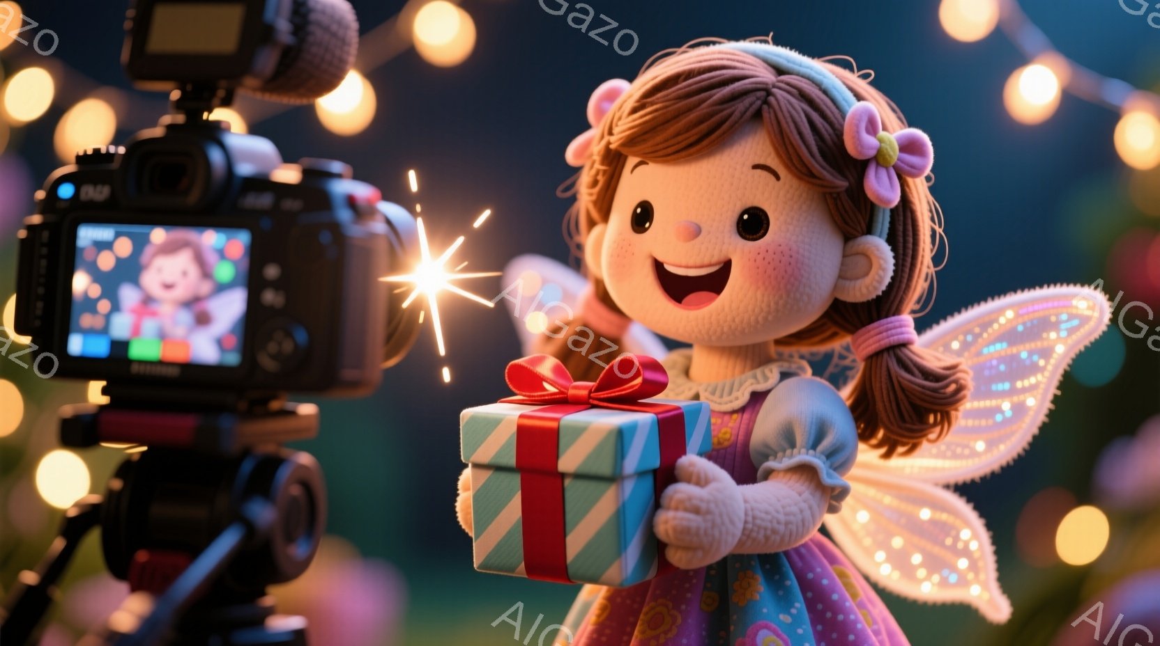 可愛らしい少女が、リボンのかかった青いギフトボックスを両手で抱え、満面の笑みを浮かべている。彼女は、カールした赤毛に花飾りをつけ、薄いピンク色のドレスと、光沢のある羽をつけている。背景には、ぼやけた緑の植物と、点在する光の玉があり、近くにはビデオカメラが設置され、その画面には別のキャラクターが映っている。