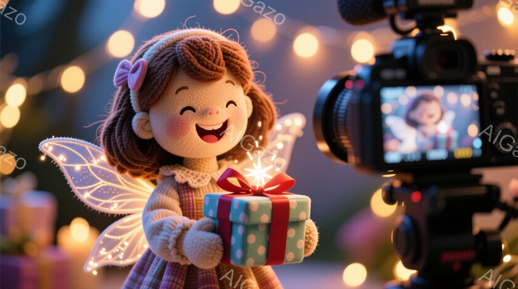 少女は、薄茶色の縞模様のドレスと、繊細なレースの襟が特徴です。彼女は、輝く赤いリボンが付いたターコイズブルーのギフトボックスを抱きしめ、幸せそうな笑顔を浮かべています。背景には、ぼやけた光のぼんやりとした輪郭と、彼女の背後に置かれたカメラが見え、お祝いと暖かさの雰囲気を醸し出しています。