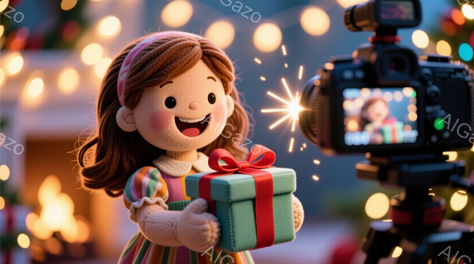明るい笑顔の少女が、緑色のリボンで飾られたプレゼントの箱を抱きかかえています。彼女はストライプのドレスを着ており、巻き毛の茶髪にピンク色のヘアバンドをつけています。背景にはぼやけたクリスマスツリーと、ライトが輝く暖炉が見え、全体的に温かく幸せな雰囲気が漂っています。