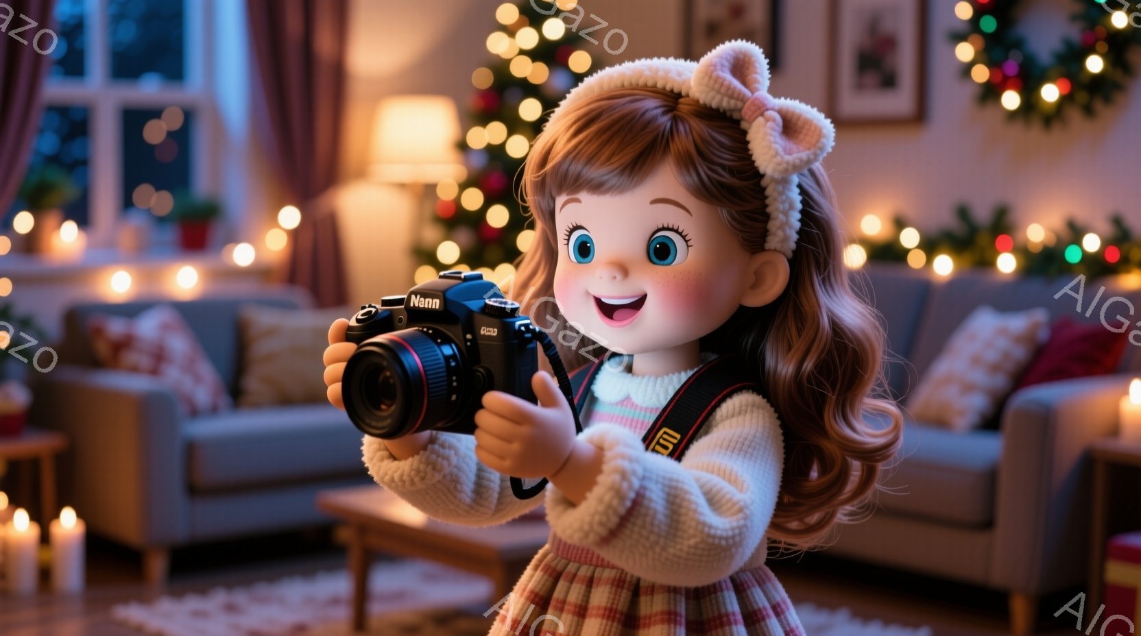 明るい笑顔の幼い女の子が、大きな一眼レフカメラを両手で抱えています。彼女はクリーム色のニットセーターと、ピンクと白のギンガムチェックのスカートを着ており、髪は明るい茶色で、頭には可愛らしい耳の形のヘアアクセサリーをつけています。背景には、クリスマスツリーや暖炉のある居間があり、温かく、お祝いの雰囲気が漂っています。