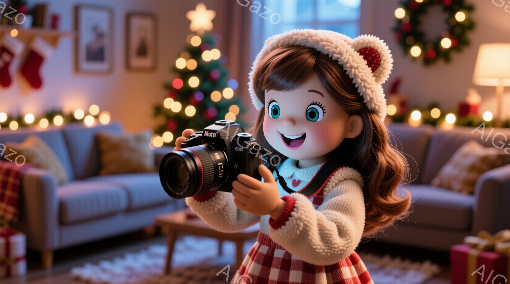 少女は白いポンポン付きの帽子と、赤と白のチェック柄のオーバーオール風のワンピースを着ています。彼女は笑顔でカメラを前に掲げ、撮影の準備をしているようです。背景にはクリスマスツリーやプレゼント、暖炉が見え、暖かく華やかなクリスマスの雰囲気が漂っています。