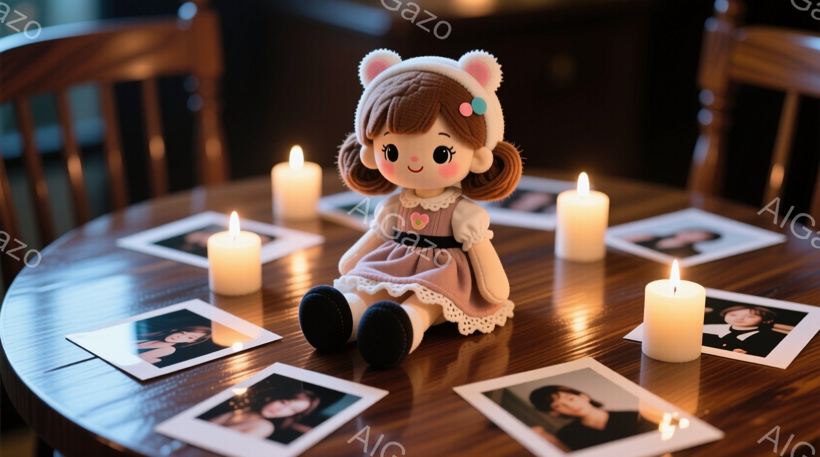 円形の木製テーブルの上に、茶色の髪に大きな目で可愛らしい人形が座っています。人形はピンク色のワンピースと白いレースのトリムが施された服を着ており、頭にはクマの耳の帽子をかぶっています。テーブルの周りにはいくつかの写真と、灯りの灯るキャンドルが配置され、どこか物悲しく、祈りのような静かな雰囲気を醸し出しています。