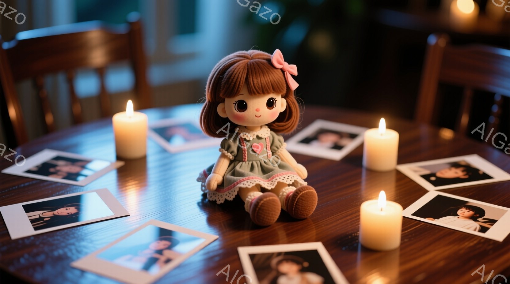 暖炉の光が照らす木製の円卓の上に、茶色の巻き毛にピンクのリボンをつけた可愛らしい人形が座っています。人形はグレーのドレスに白いレースの襟をつけ、穏やかな表情をしています。円卓の周りには、いくつかの白黒写真と点灯したキャンドルが配置され、どこか物悲しい、ノスタルジックな雰囲気を醸し出しています。