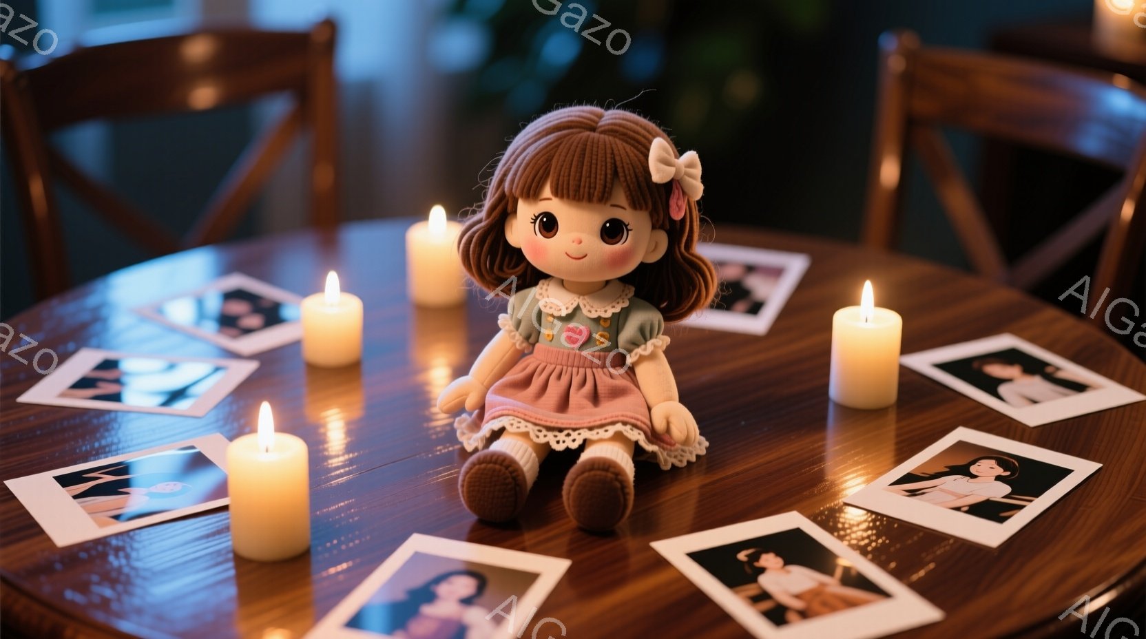 円形の木製テーブルの上に、茶色の巻き毛の髪にピンクのリボンをつけた、かわいらしい人形が座っています。人形は薄いピンクのワンピースと白い襟をつけており、優しい印象を与えます。テーブルの周りにはキャンドル - AI生成フリー素材