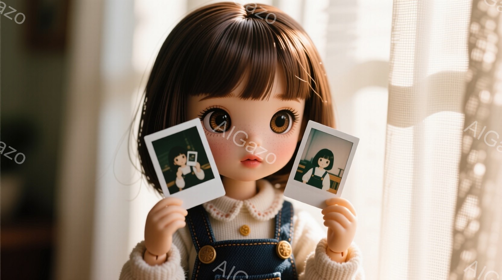 大きな瞳を持つ人形が、2枚のインスタント写真を手に持っている様子を捉えています。人形は、オフホワイトのセーターと濃い青色のオーバーオールを着ており、髪は茶色でストレートカットです。背景には白いカーテンがぼんやりと見え、室内で撮影された柔らかな光が全体を包んでいます。