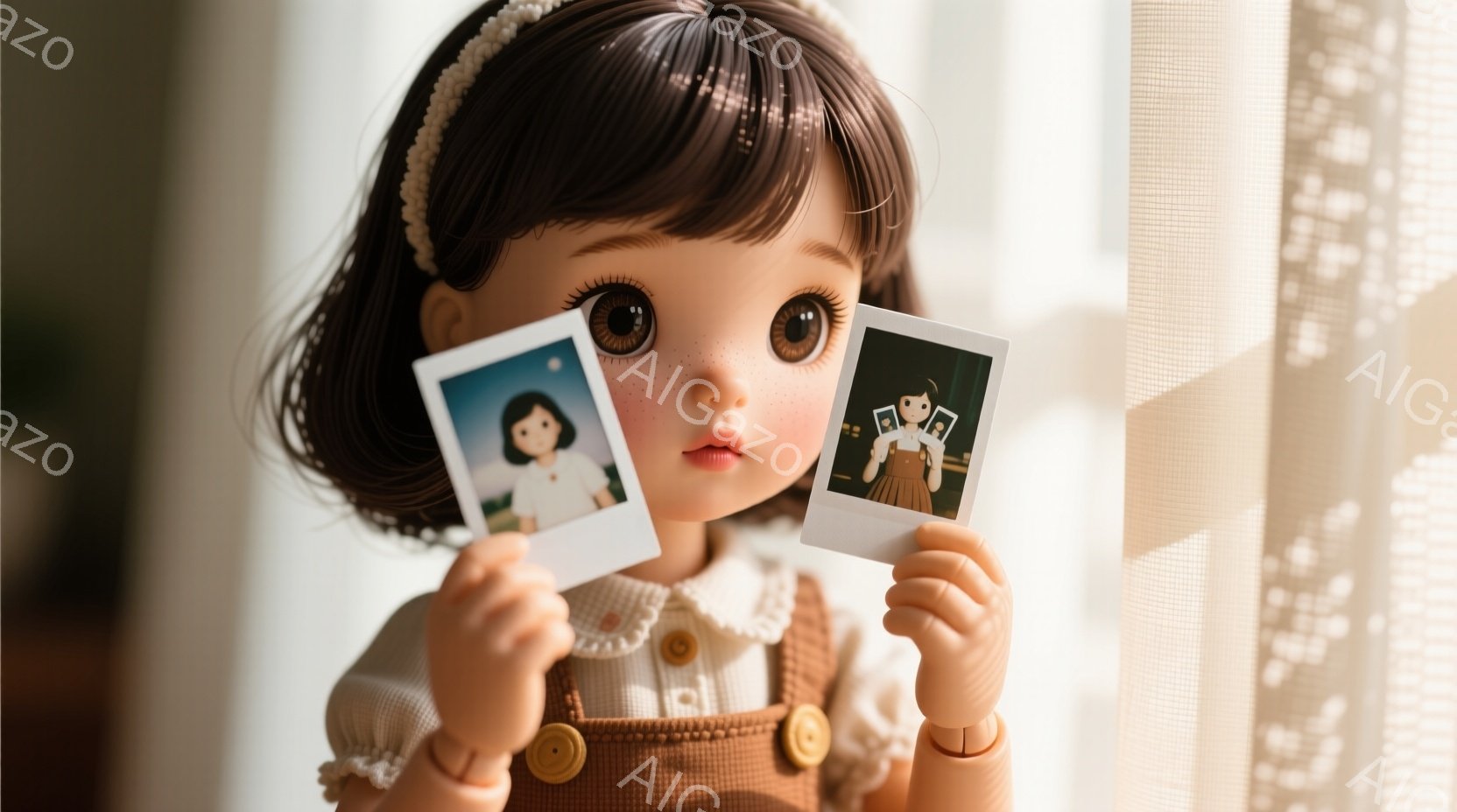 茶色の髪を肩のあたりで切り揃えた少女が、手に二枚のポラロイド写真を掲げています。彼女は茶色のワンピースを着ており、表情はやや憂いを帯びています。背景には窓枠が見え、柔らかな光が差し込み、ノスタルジックな雰囲気を醸し出しています。