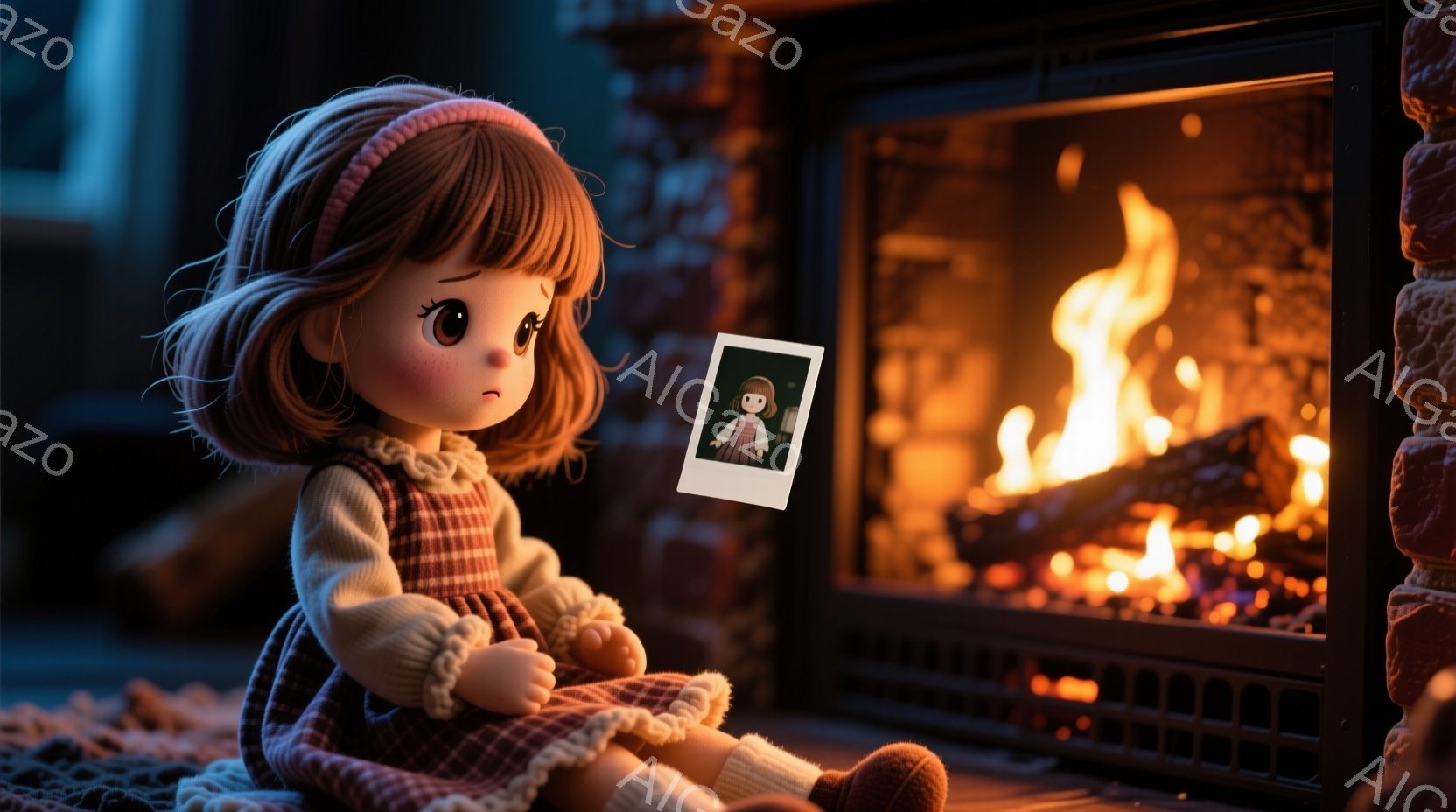 明るい茶色の巻き毛にピンクのリボンをつけた少女の人形が、チェック柄のワンピースを着て座っています。彼女は少し悲しそうな表情をしており、暖炉のそばで静かに座っています。背景には燃え盛る暖炉とレンガの壁があり、暖かく居心地の良い雰囲気を醸し出しています。