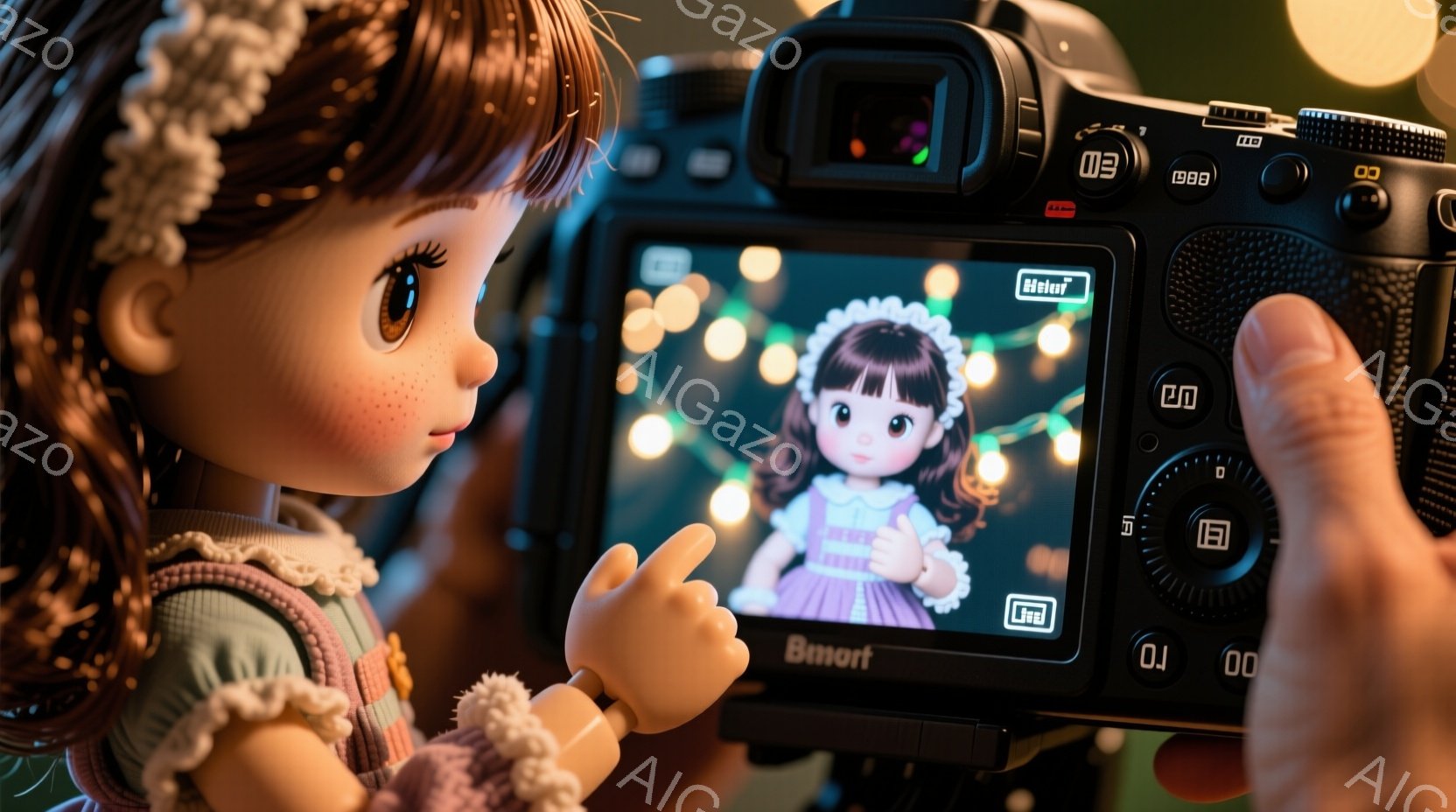 人形がカメラの液晶画面に映る少女の写真を撮影している様子が写っています。人形は明るい茶色のカールした髪で、白いレースの襟が付いた淡い緑色のセーターを着ています。背景はぼやけており、暖かい光が灯るクリスマスツリーの飾りが見え、全体的に温かく、遊び心のある雰囲気が漂っています。