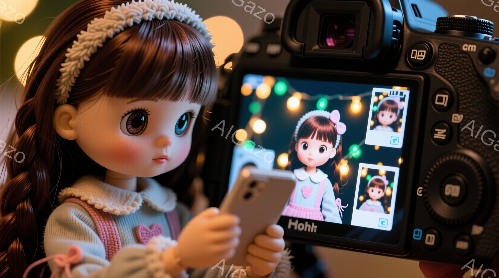 茶色の巻き髪に白いリボンをつけた少女が、ライトブルーのセーターとピンクのスカートを着て、デジタルカメラの画面を見つめている。画面には、同じ少女が写った写真が複数表示されており、カメラは背景のぼやけた光の装飾を捉えている。全体的に、夢のような雰囲気で、少女が写真撮影を楽しんでいる様子が伝わる。