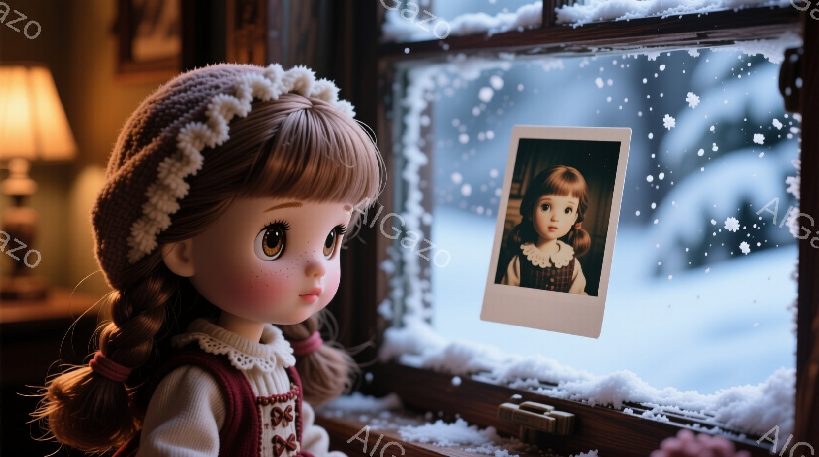 茶色の髪を二つに結んだ少女の人形が、窓辺に立っています。赤いベストと白いセーターを着ており、頭には白い花飾りをつけた帽子をかぶっています。窓の外は雪景色で、人形は何かを想うように、手には少し色褪せた写真を持っています。