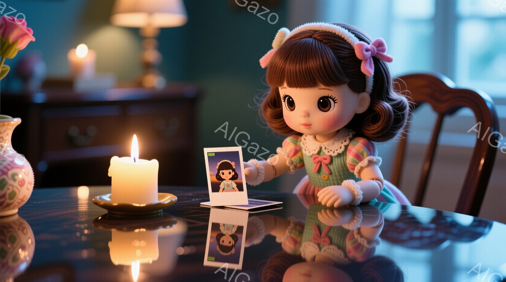 茶色の巻き毛にピンクのリボンをつけた少女の人形が、花柄のワンピースを着てテーブルに座っています。テーブルの上には、少女のポートレート写真が置かれ、その下には反射が見られます。背景には、薄暗いリビングルームとぼんやりとした家具が見え、全体的にノスタルジックで暖かい雰囲気が漂っています。