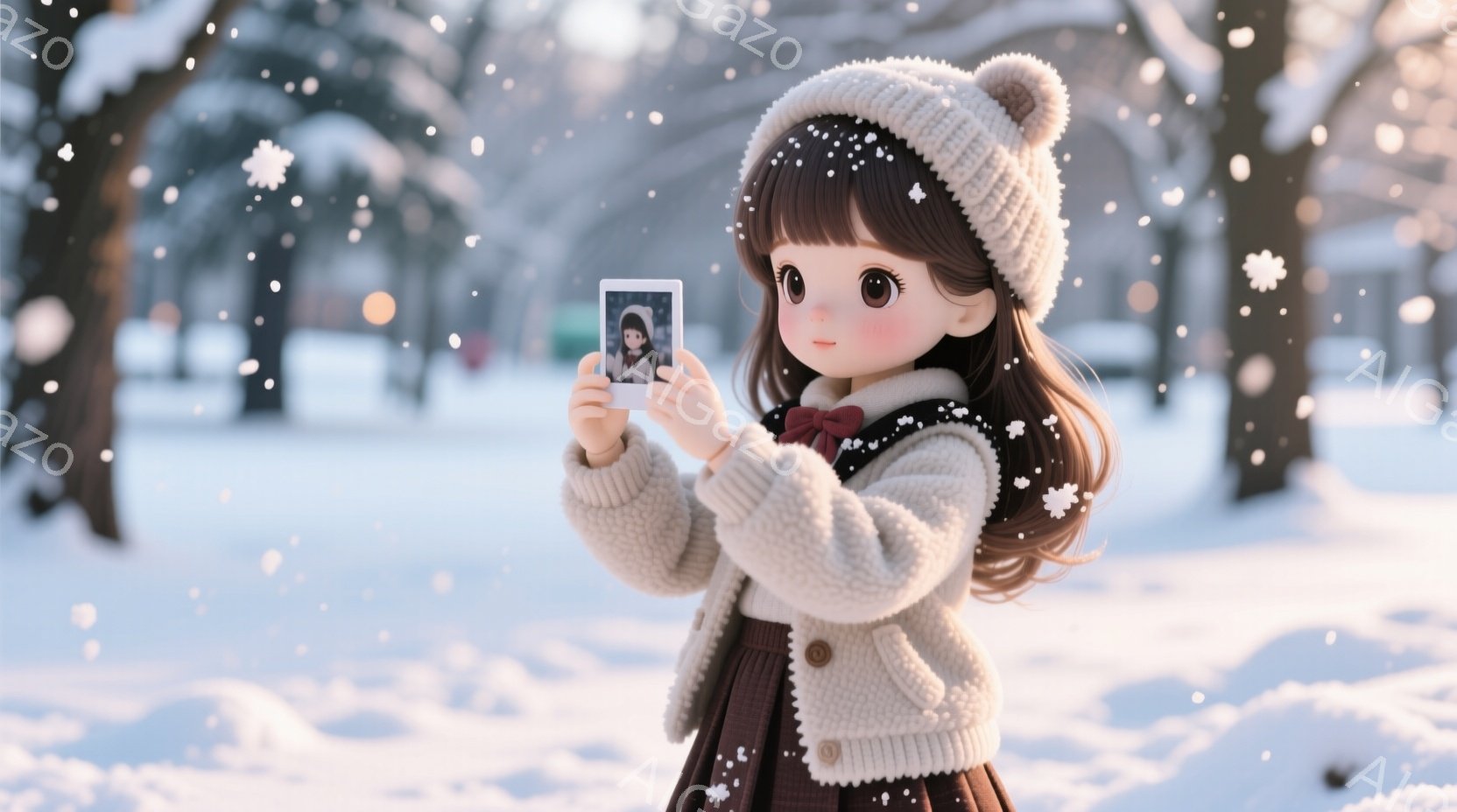 白いニット帽を被り、クリーム色のセーターとチェック柄のスカートを身につけた少女が描かれています。少女は少し微笑み、何かを見ているような表情で、小さな写真立てを両手で持っています。背景は雪景色で、遠くには木々が見え、全体的に冬の暖かく穏やかな雰囲気が漂っています。