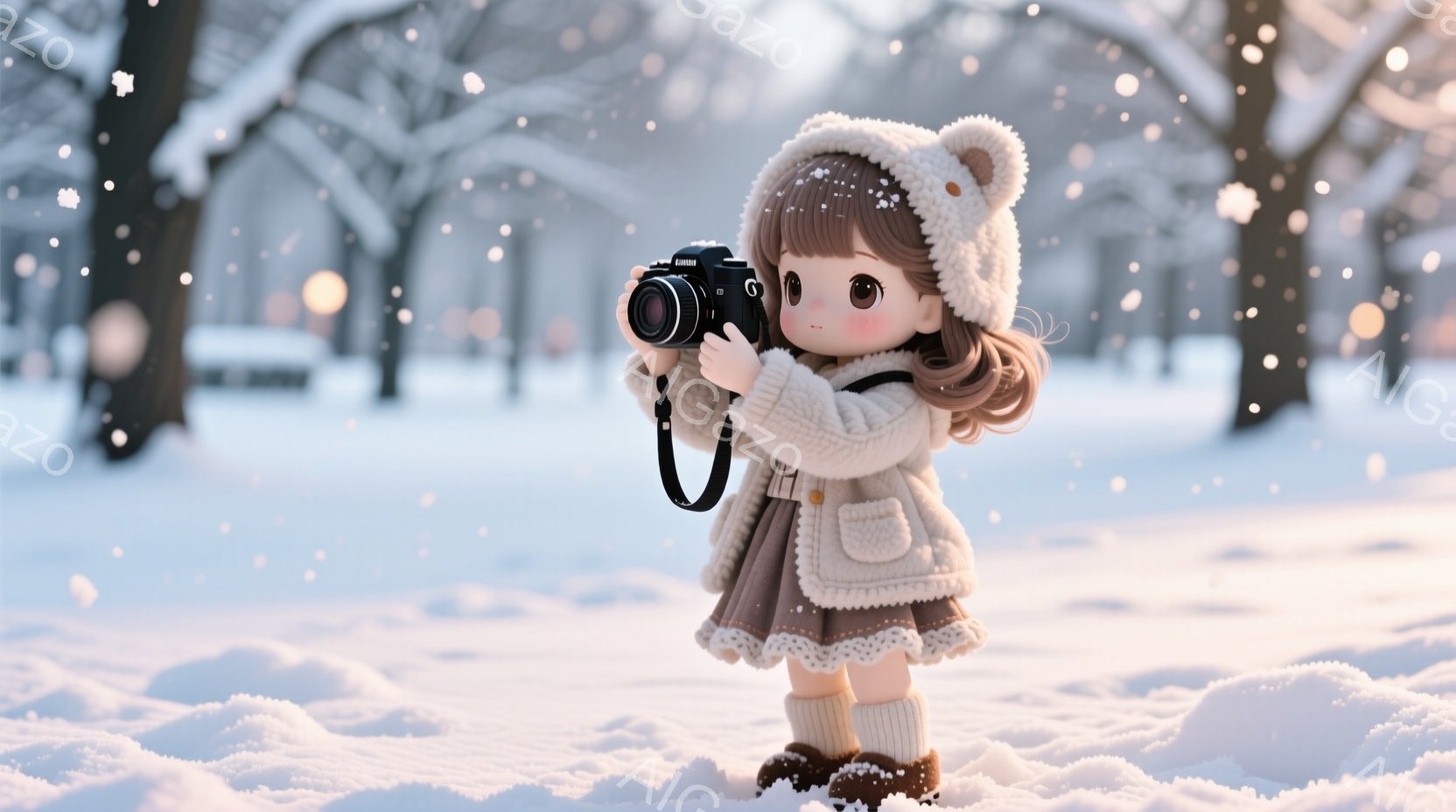 雪が舞う冬の風景の中に、ニット帽と厚手のコートを着た幼い少女が立っている。彼女は短い茶色の巻き毛を持ち、カメラを構えて何かを撮影しようとしている。背景には雪に覆われた木々とぼんやりとした建物が見え、全体的に暖かく、夢のような雰囲気を醸し出している。
