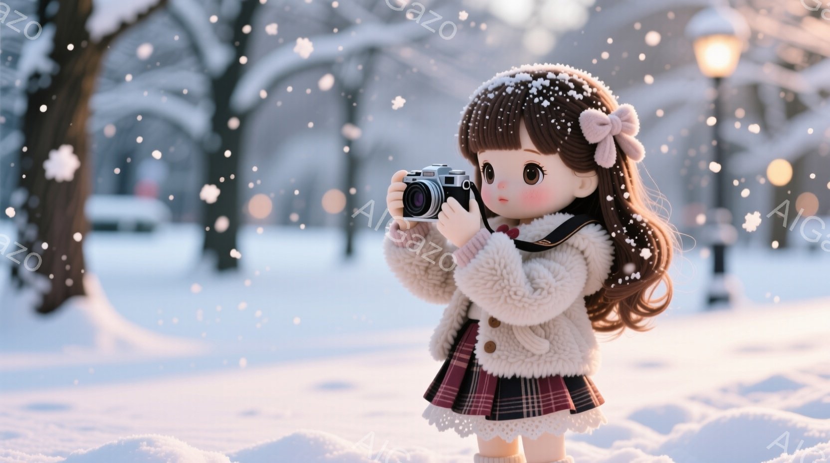 雪が舞う冬の公園で、少女がカメラを持って撮影している姿が描かれています。少女は、ふわふわの白いセーター、チェック柄のスカート、白いレースの装飾が施された靴下を履いており、茶色の巻き髪には白いリボンが付いています。背景には雪で覆われた木々と、ぼんやりとした建物が見え、全体的に暖かく可愛らしい雰囲気が漂っています。