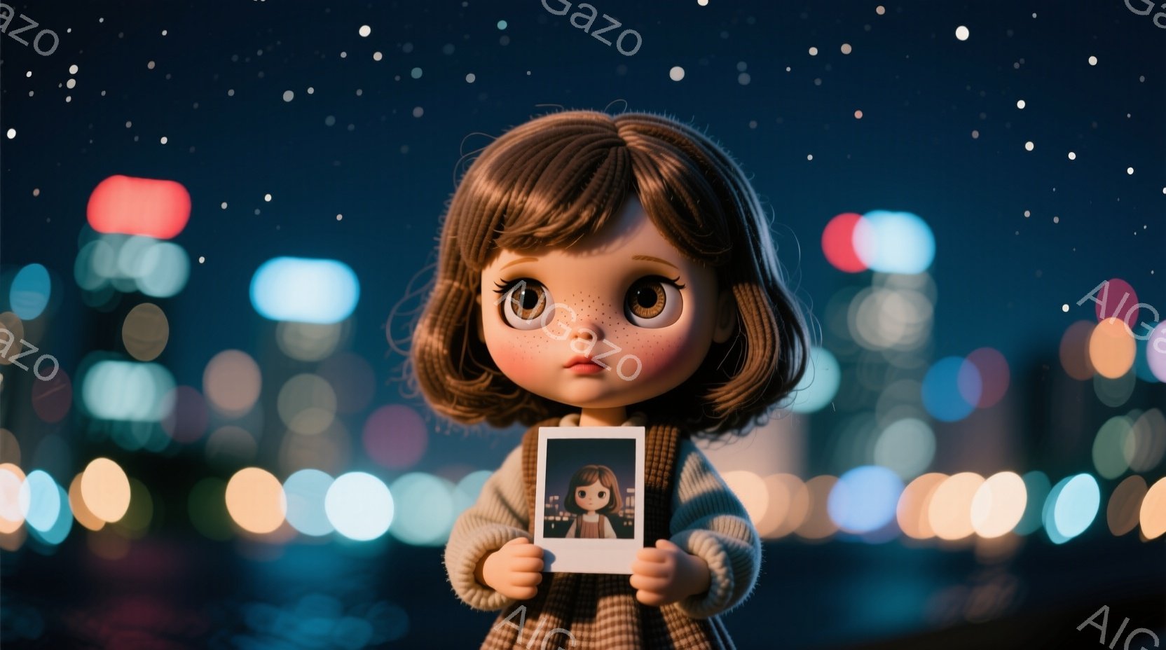 茶色の巻き毛の少女が、薄い水色のセーターと茶色のワンピースを着て立っている。彼女は手の中に同じ少女が写った写真を握り、少し悲しげな表情をしている。背景には、ぼやけた夜景が広がり、まるで星空のようにきらめいている。