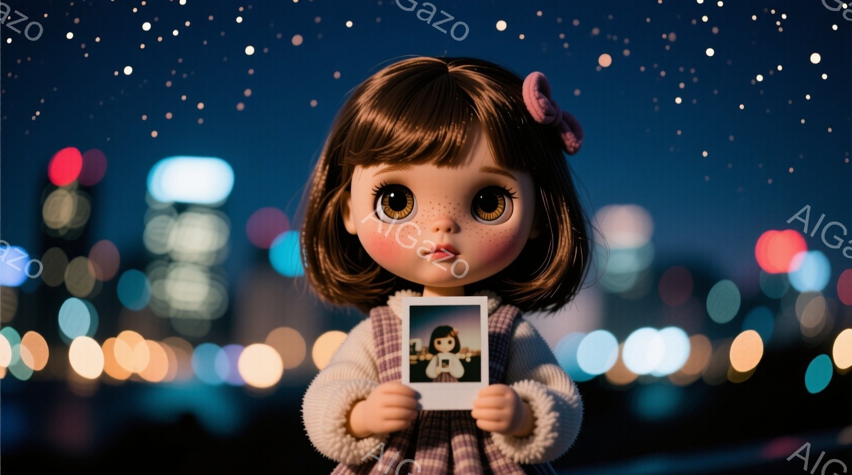 茶色の短い髪に前髪ぱっつんの少女が、紫色のワンピースと白いふわふわの襟付きのセーターを着ています。彼女は少し困ったような表情で、手にポラロイド写真を抱えています。背景には、夜景の光がぼやけて写り、きらめく星空が広がり、幻想的な雰囲気を醸し出しています。