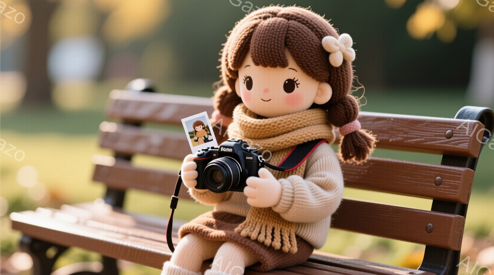 明るい茶色の髪をポニーテールにした少女の人形が、公園のベンチに座っています。ベージュのセーターとマフラーを身につけ、黒いカメラを持って微笑んでいます。背景には緑豊かな木々と落ち葉が見え、秋の穏やかな雰囲気を感じさせます。