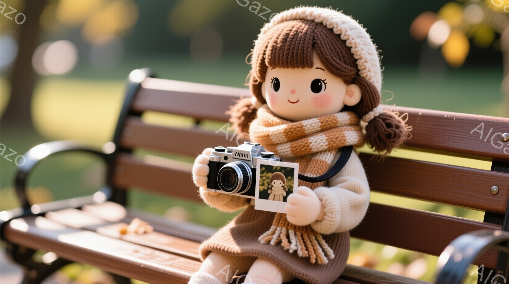 茶色の髪を二つに結んだ女性の人形が、ベージュのニットセーターとスカーフを身に着けてベンチに座っています。彼女はクラシックな銀色のカメラを手に持ち、撮ったばかりのポラロイド写真を笑顔で見ています。背景に - AI生成フリー素材