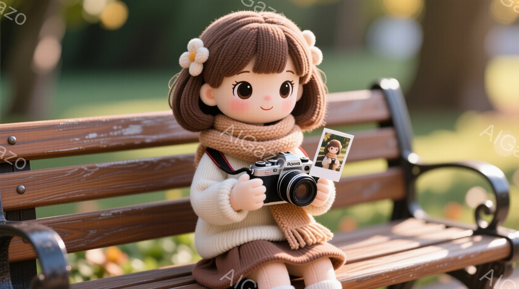 茶色のふわふわした髪に花飾りをつけた、可愛らしい女の子の人形がベンチに座っています。ベージュのセーターと赤いスカート、そして茶色のマフラーを身につけ、手にはカメラと撮りたての写真を持っています。背景には緑豊かな自然が広がり、暖かい日差しが差し込み、全体的に優しい雰囲気が漂っています。