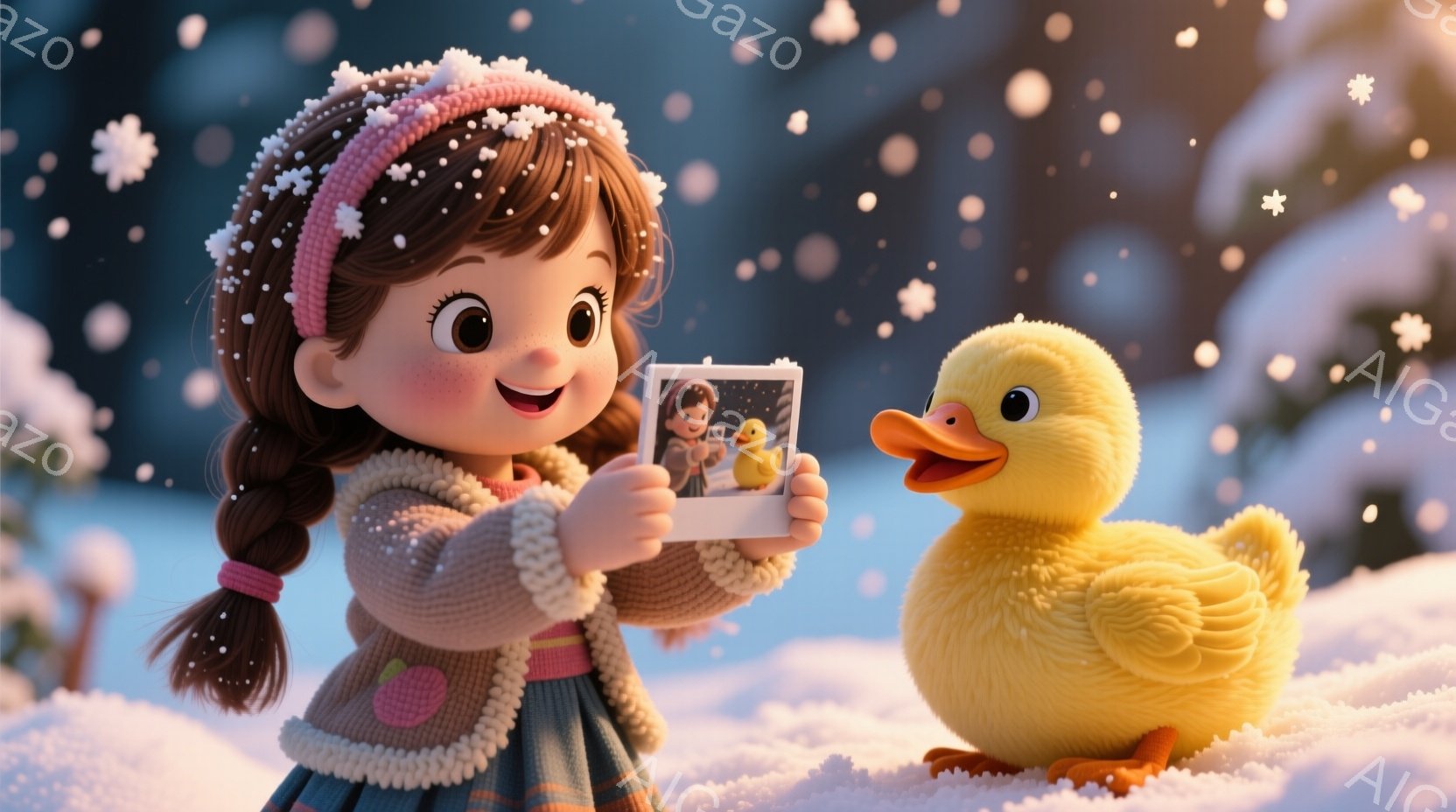 雪が降る中で、ピンク色のヘッドバンドをつけた女の子が黄色いアヒルの写真を手にしています。彼女はグレーのセーターとチェックのスカートを着ており、満面の笑みを浮かべています。背景には雪景色が広がり、全体的に暖かく、幸せな雰囲気が漂っています。