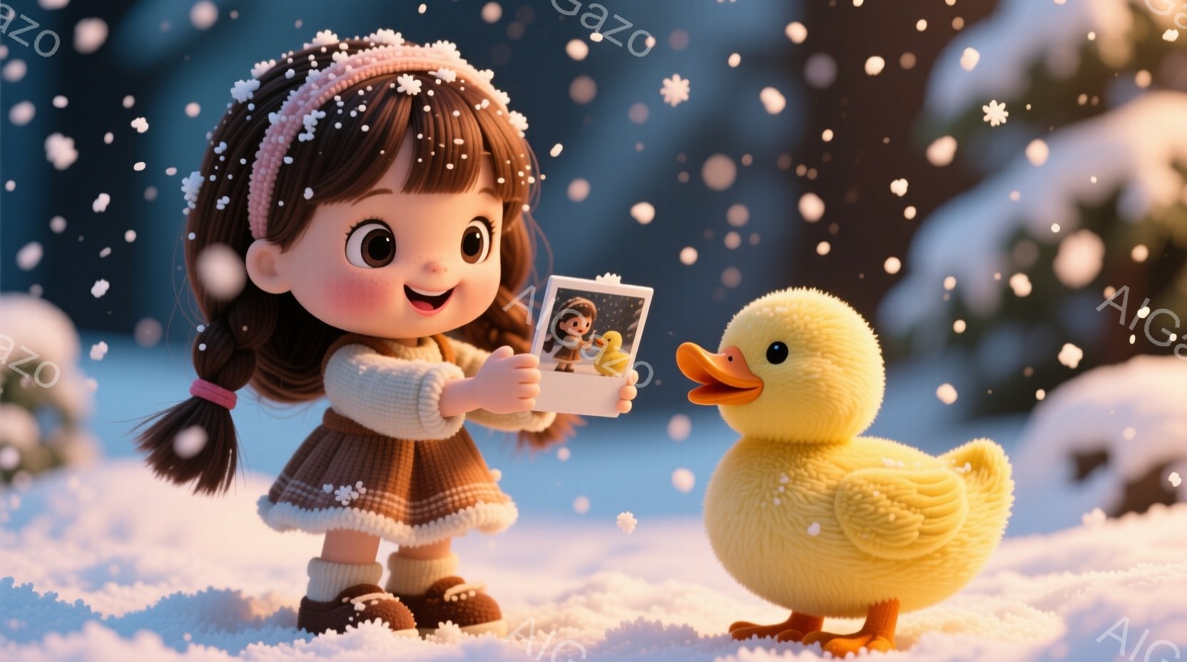 金髪の少女は、茶色と白のニットセーターとスカートを身につけ、頭には白いリボンをつけています。彼女は、自分の写真と黄色いアヒルの写真が入ったポラロイド写真を両手で抱えて、嬉しそうに微笑んでいます。背景は雪景色で、柔らかい光が降り注ぎ、温かく幻想的な雰囲気を醸し出しています。