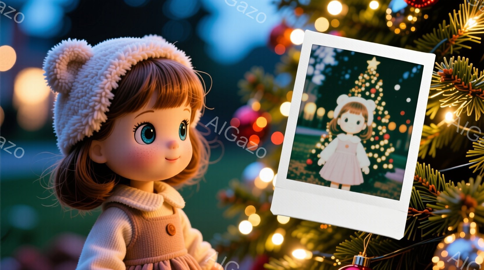 茶色の巻き毛に白いニット帽をかぶった少女が描かれています。彼女は白いセーターを着ており、大きな青い目で少し上を見つめています。背景にはクリスマスツリーがぼやけており、暖かくお祝いムードに包まれています。