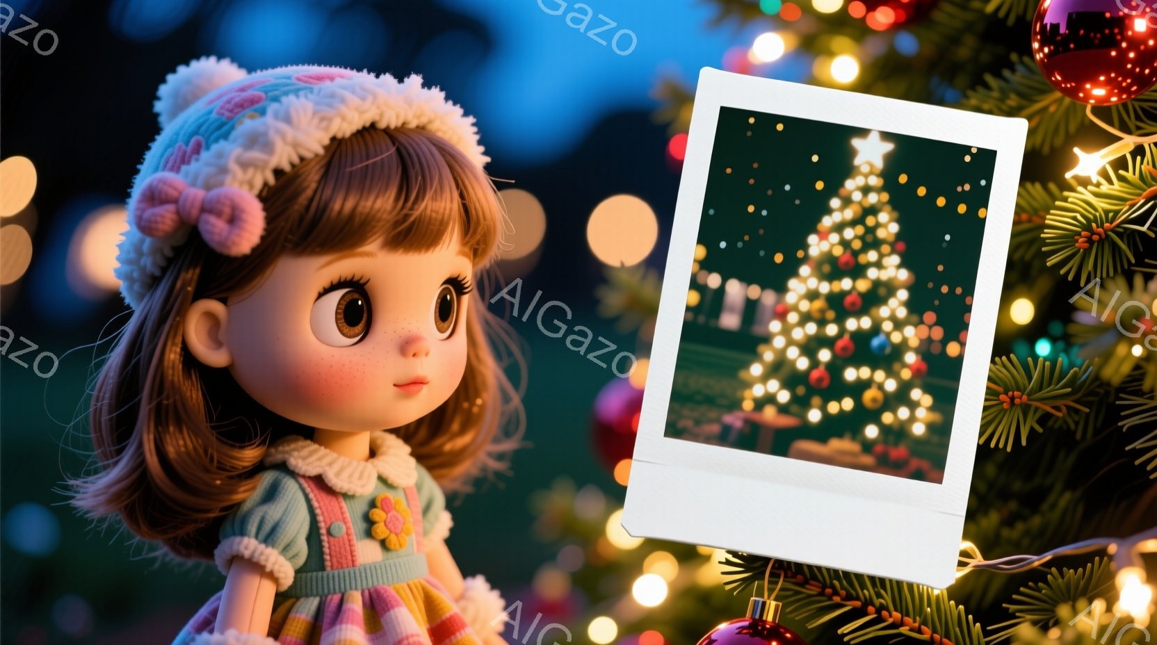 茶色の巻き髪にピンクの帽子をかぶった少女が、パステルカラーのワンピースを着ています。彼女は少し微笑んでいて、何かを見つめているような表情です。背景にはぼやけたクリスマスツリーの飾りと、暖色系の光が散りばめられ、温かく幻想的な雰囲気を醸し出しています。