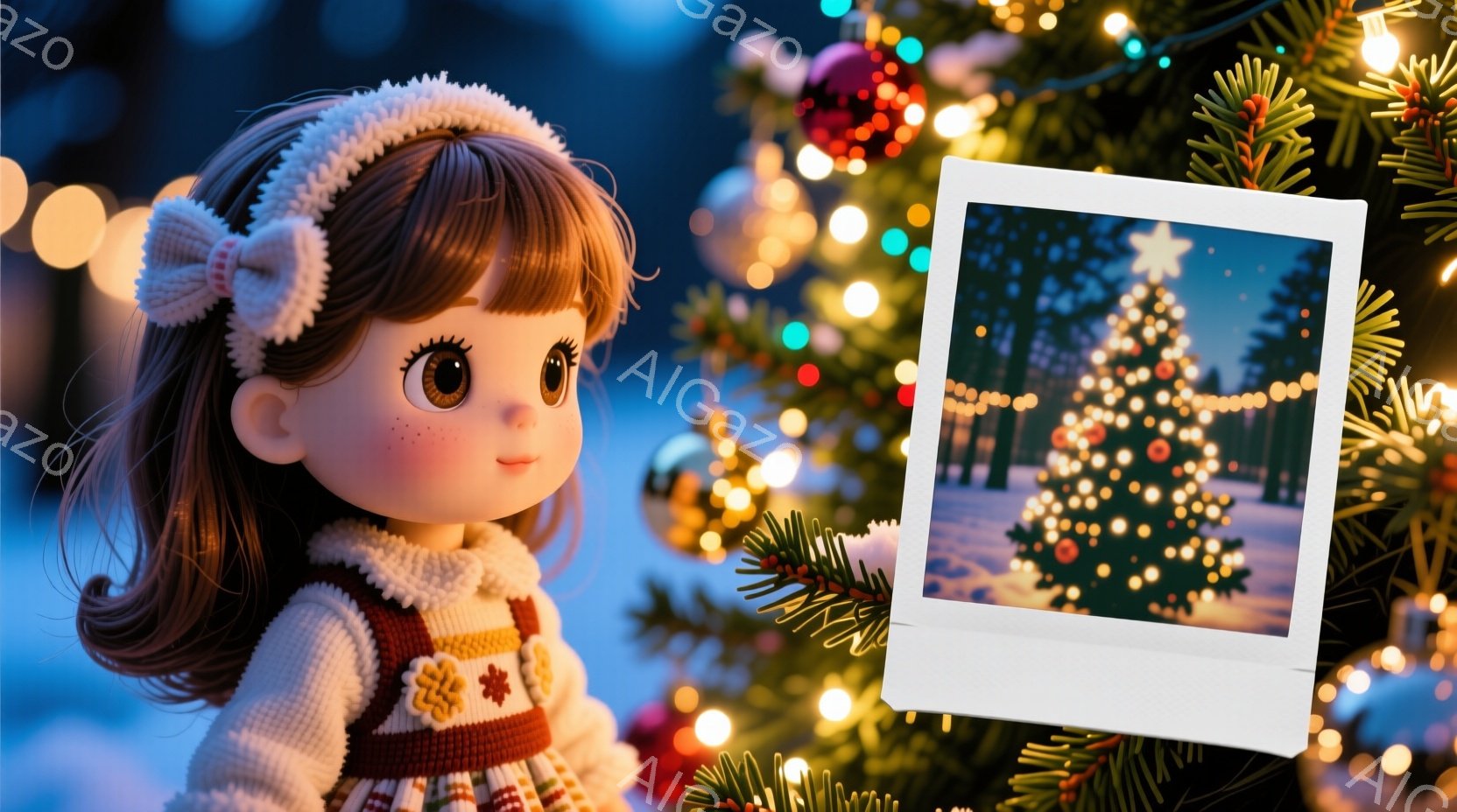 明るい背景の中で、可愛らしい人形が冬のニットのセーターと赤いリボンで髪を飾っています。人形は少し微笑んでおり、まるで楽しい思い出を振り返っているかのようです。背景には、イルミネーションで飾られたクリスマスツリーと、雪景色が写ったポラロイド写真が映っており、温かく幻想的な雰囲気を醸し出しています。