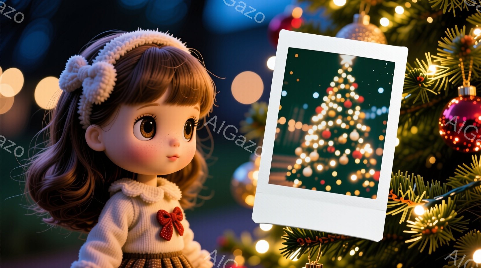 長い茶色の巻き毛に白いヘッドバンドをつけた少女が描かれています。白いセーターに赤いリボンが付いたスカートを着て、少し微笑んでいます。背景には、キラキラと輝くクリスマスツリーの飾りと、ぼやけたクリスマスツリーの写真が写っており、暖かく幻想的な雰囲気を醸し出しています。
