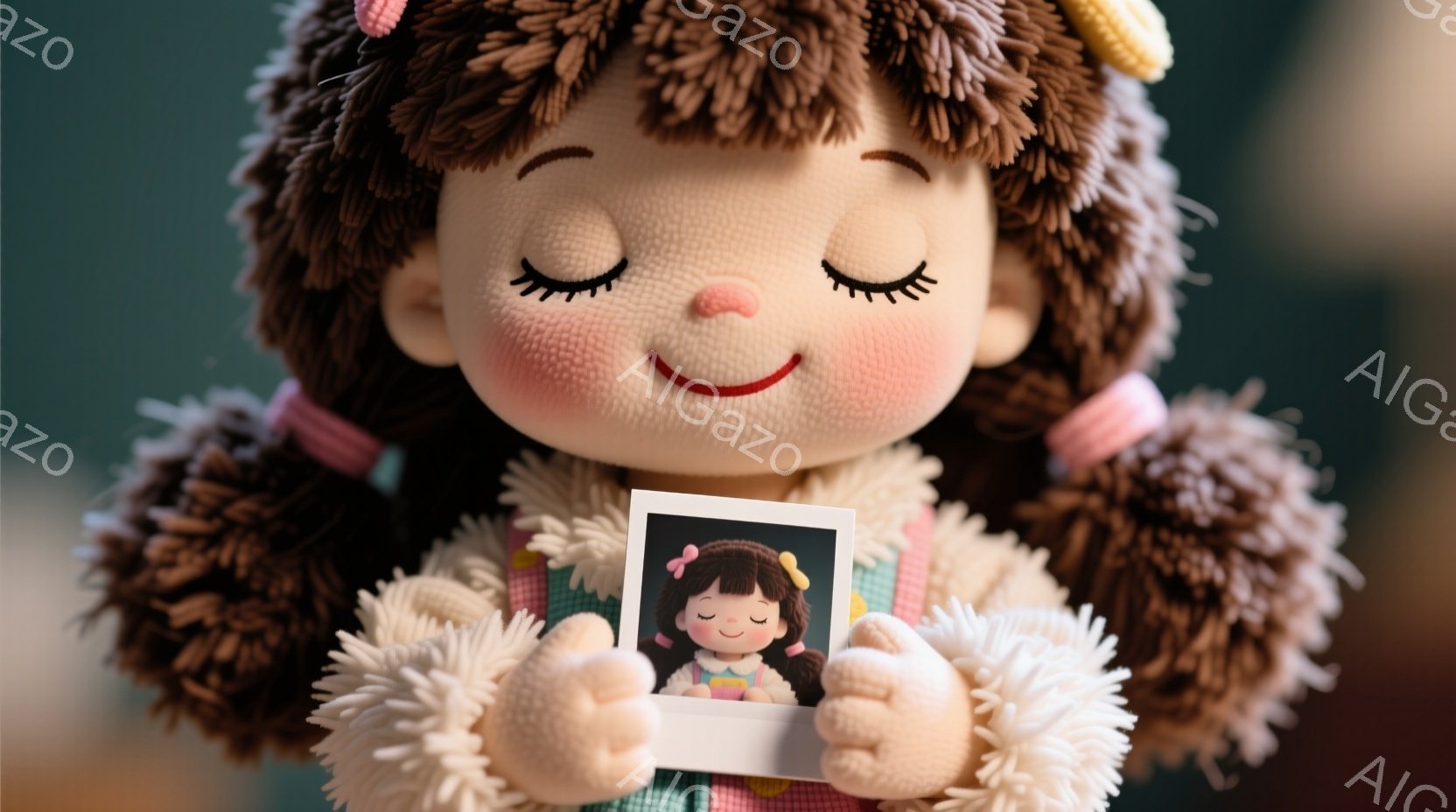 ふわふわの茶色の髪を二つのポニーテールにし、ピンク色のリボンがアクセントになった女の子の人形が描かれています。彼女は緑色のベストと白いセーターを着ており、優しい笑顔を浮かべながら、自分自身のポートレート写真（小さな写真）を両手で大切そうに抱えています。背景はぼやけていますが、温かく、居心地の良い雰囲気が漂っています。