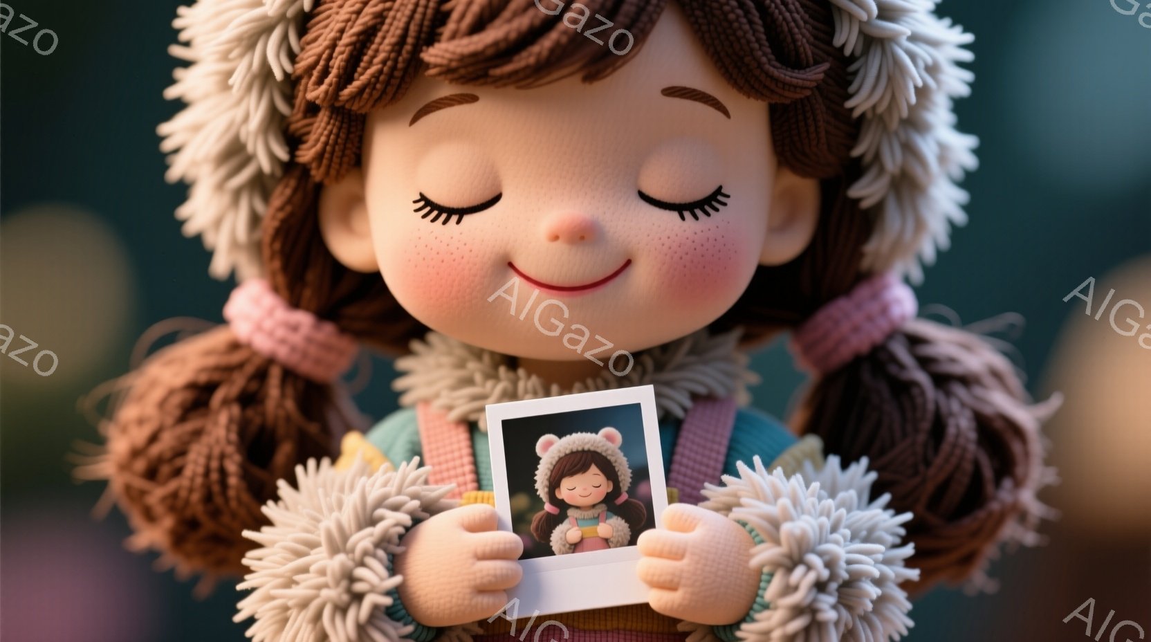 明るい頬と大きな瞳を持つ女の子が、ポラロイド写真を抱えています。彼女は毛糸のような茶色の髪をツインテールにし、白いふわふわの襟付きのセーターとピンク色の服を着ています。背景はぼやけていますが、冬の暖かい雰囲気を感じさせます。