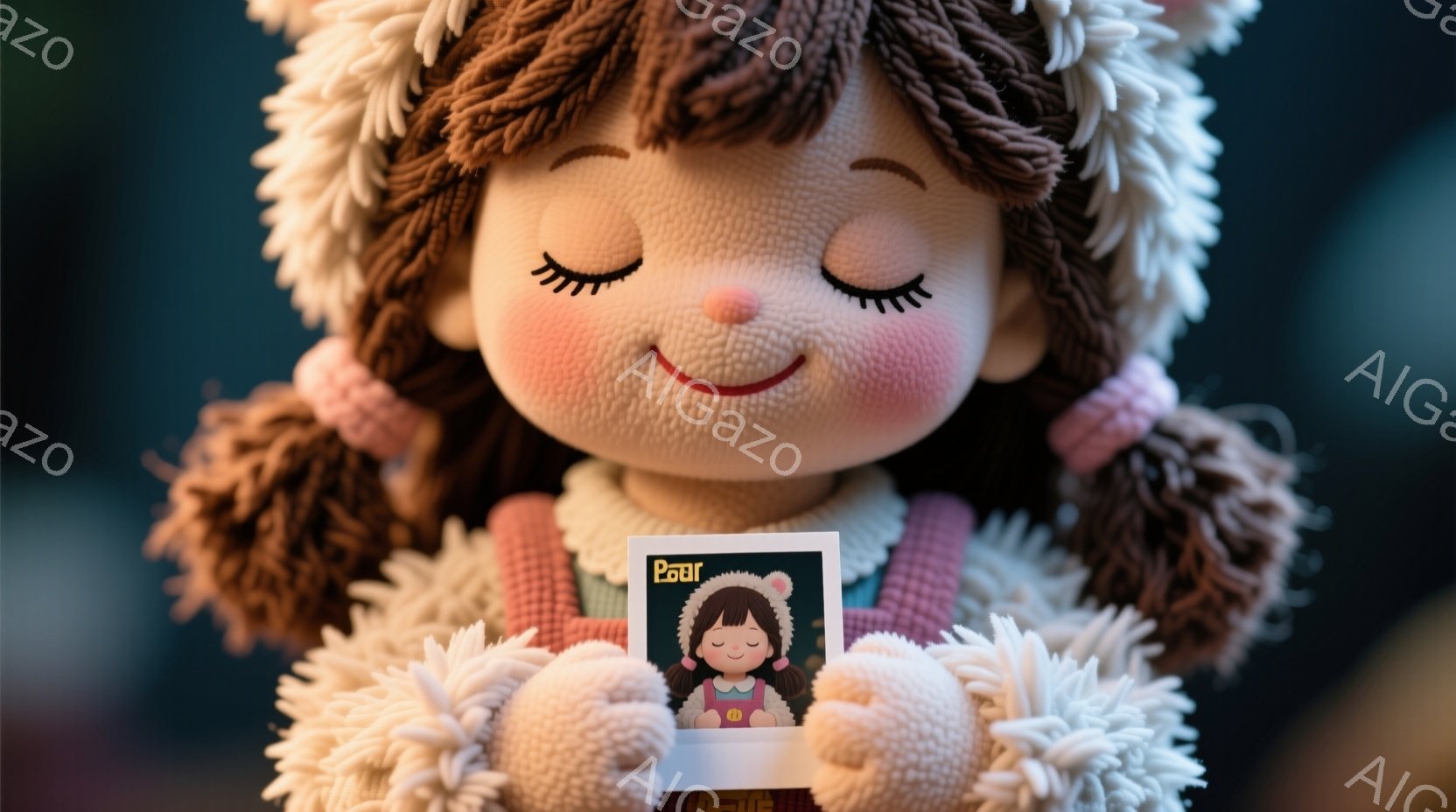 茶色の毛糸のような髪と、毛糸で作られたようなフワフワの白いジャケットを着た少女のクローズアップです。彼女は目を閉じ、微笑んでおり、両手で小さな写真（同じ少女の写真）を抱えています。背景は暗く、焦点は少女とその持っている写真に当てられています。