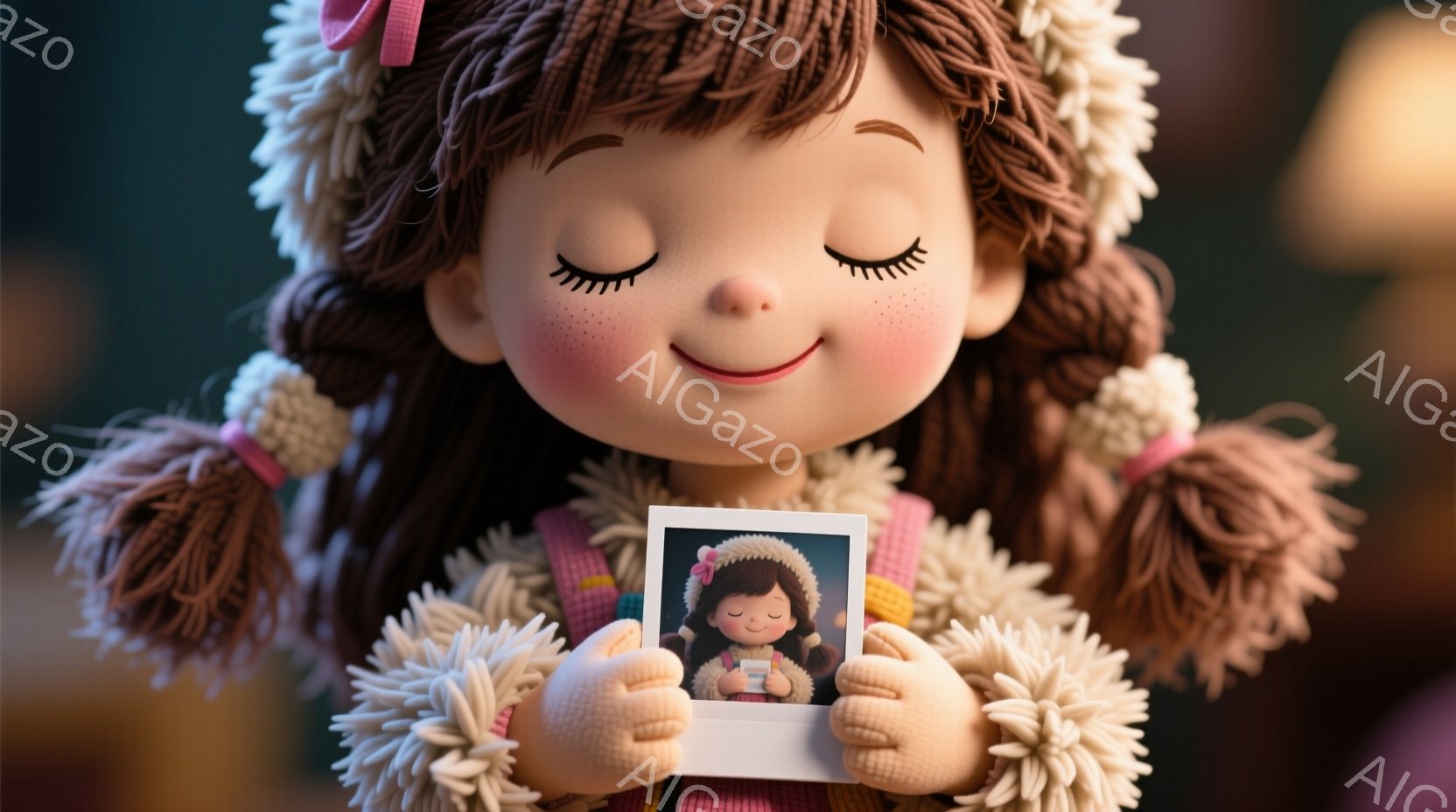 少女は、明るいピンク色のドレスと、ふわふわとした白い花のような装飾が施されたベストを着ています。彼女は髪を二つに結び、赤いリボンをつけており、目を閉じ、頬を赤らめて微笑んでいます。彼女は手にポラロイド - AI生成フリー素材