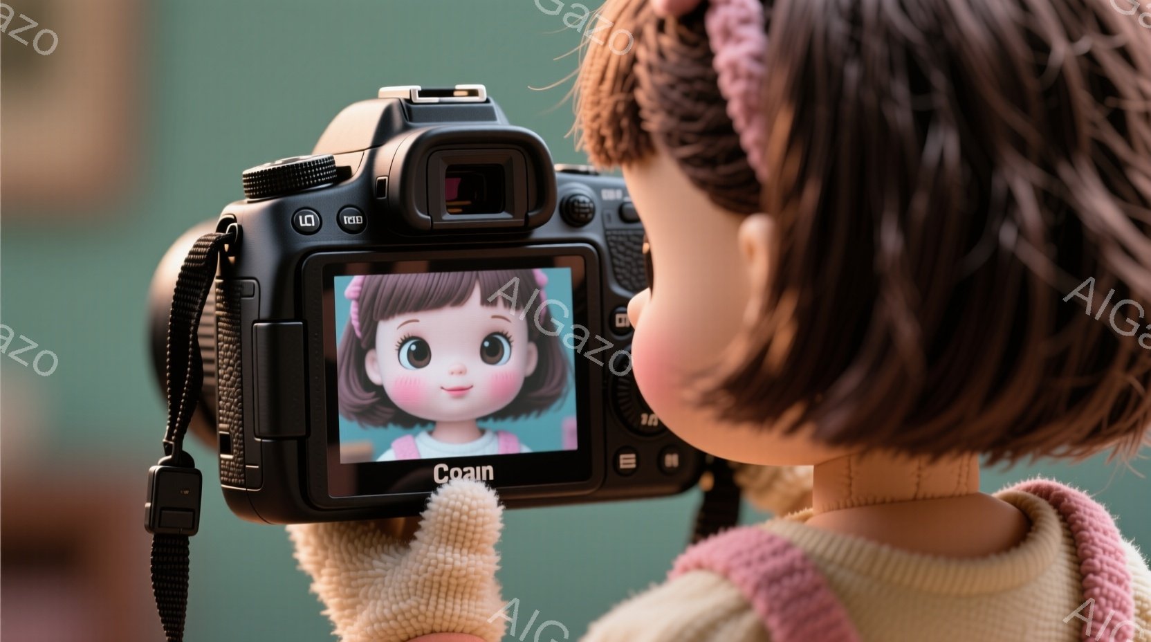 デジタルカメラの液晶画面に映る少女の顔を捉えています。少女は大きな目で、可愛らしい笑顔を見せており、ピンクの髪飾りをつけています。背景は淡い緑色で、カメラを持つ人物は茶色の髪をしており、ピンクとオレンジのニットを着用しています。