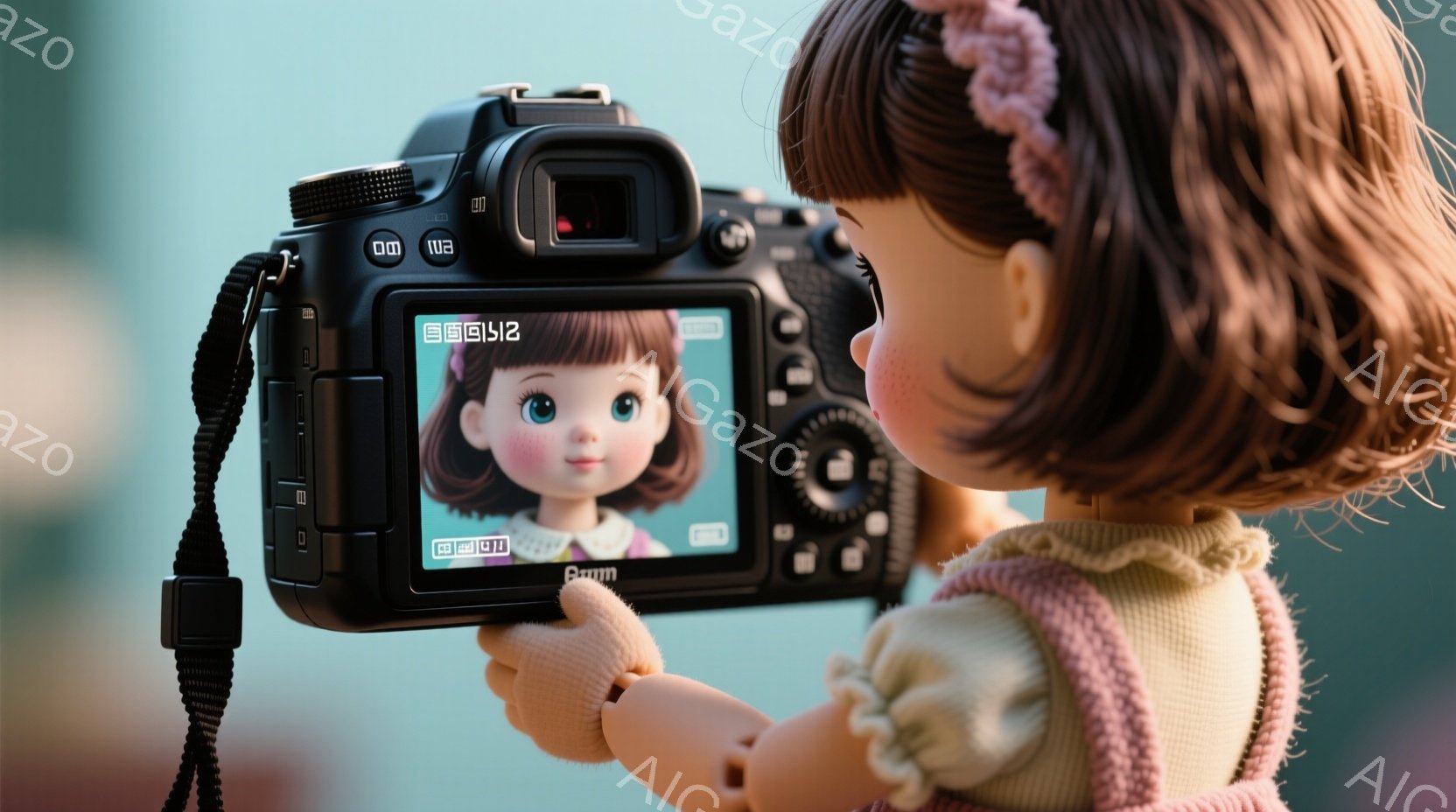 一人の少女がデジタルカメラを持って撮影している様子が写っている。彼女は肩出しのフリル付きの白い服を着ており、髪はハーフアップにしてリボンをつけている。カメラの液晶画面には、同じ少女の顔が写っており、背景は薄い水色で、全体的に柔らかく温かい雰囲気を醸し出している。