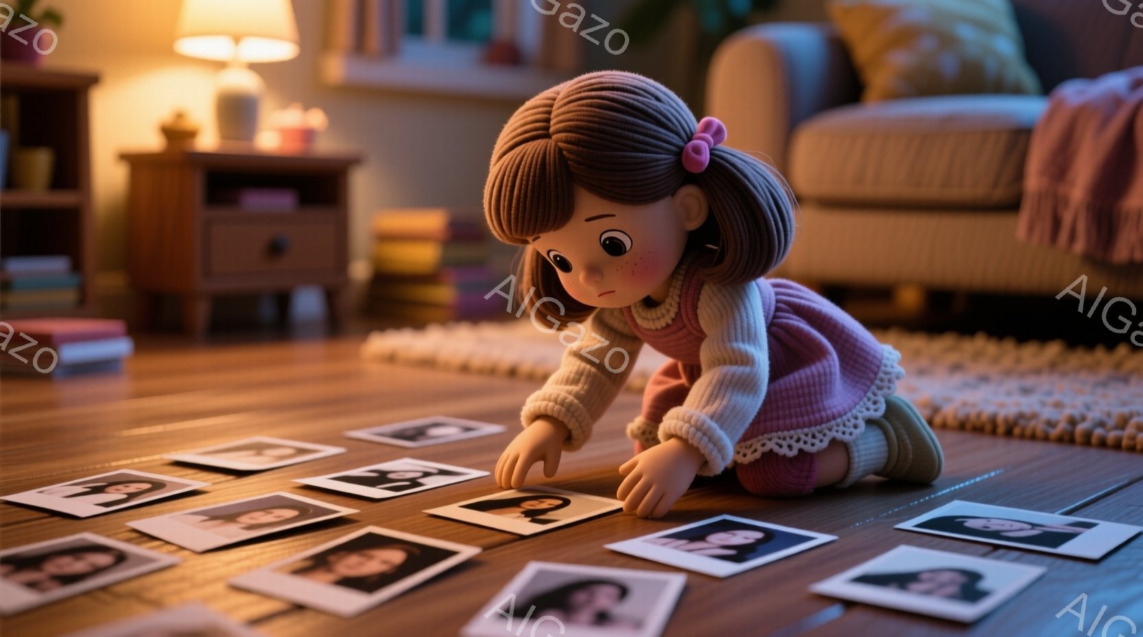 小さな女の子が床にひざまずき、たくさんの写真カードを前にして何かを選ぼうとしている。彼女はピンクのワンピースにクリーム色のニットセーターを着ており、茶色の髪はサイドにリボンで結ばれている。背景には木製 - AI生成フリー素材