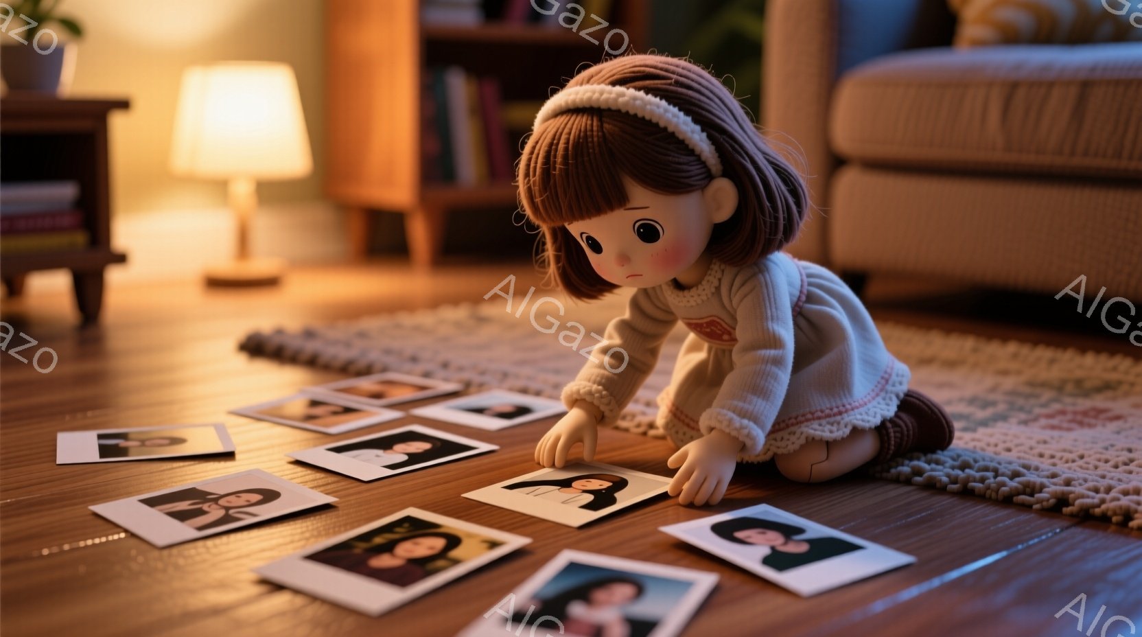 茶色の髪に白いヘッドバンドをつけた少女が、木の床に散らばった写真を取り囲んで膝をついています。彼女はクリーム色のセーターと赤いスカートを着ており、どこか物思いにふけるような表情をしています。背景には本棚とソファーが見え、暖色の照明が室内を優しく照らし、穏やかでノスタルジックな雰囲気が漂っています。