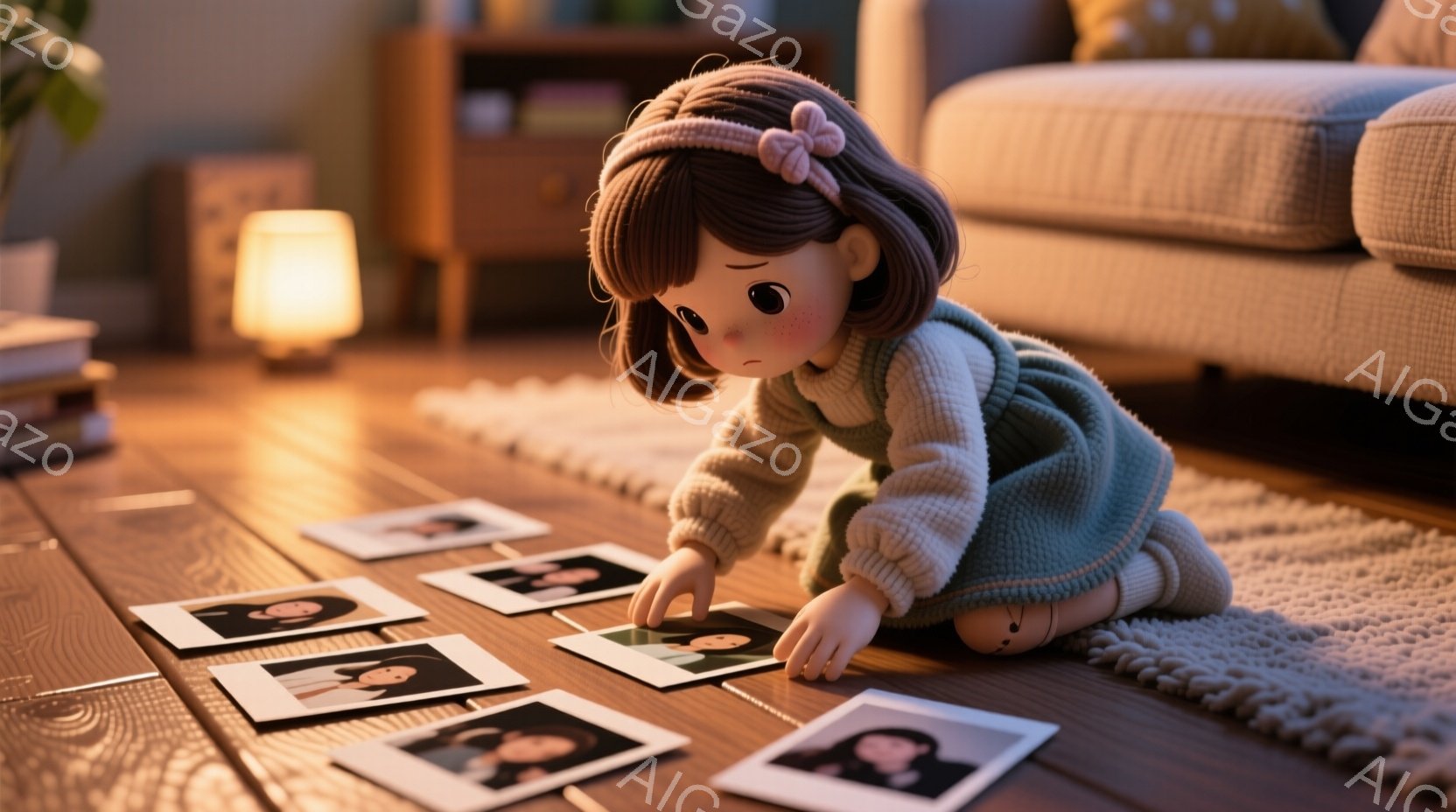 茶髪の少女が床にひざまずき、散らばった写真をつまんでいます。彼女はクリーム色のセーターと緑色のオーバーオールを着ており、髪は短い巻き毛で、頭にはリボンが付いています。背景には、暖色系の照明が灯ったリビングルームがあり、家具や観葉植物が見え、全体的に温かくノスタルジックな雰囲気です。