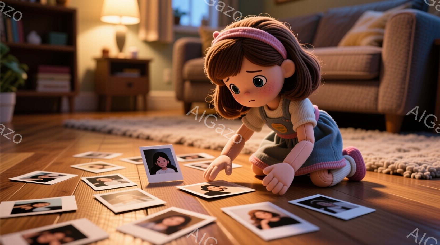 明るい茶色の髪をゴムで束ねた少女が、木の床に散らばった写真を見つめています。彼女はピンク色の服を着ており、悲しそうな表情をしています。背景にはソファと本棚があり、温かい光が室内を照らしており、どこか懐かしい雰囲気を醸し出しています。