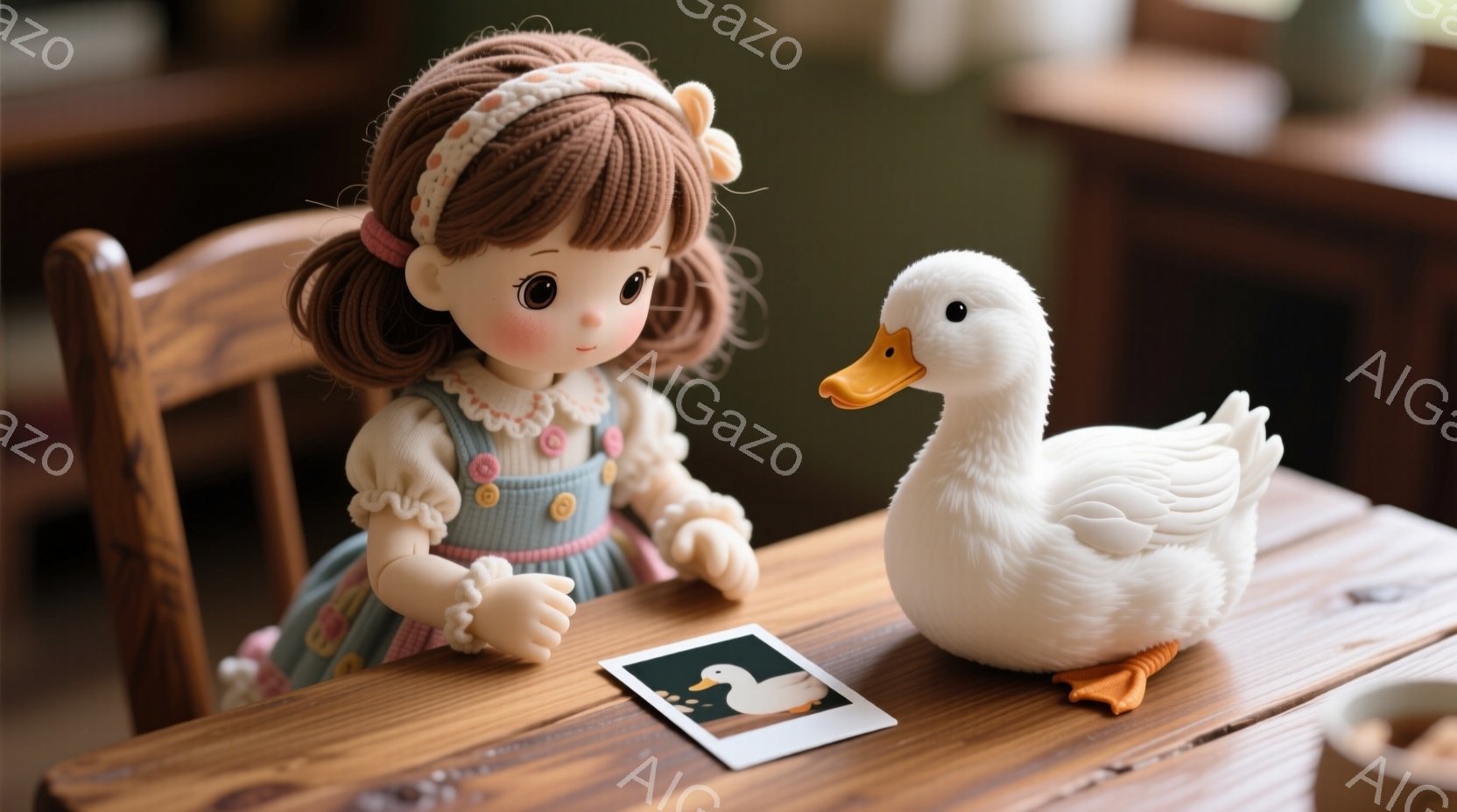 茶色の巻き毛の少女は、水色のワンピースと花柄のヘッドバンドを着て、小さな木のテーブルに座っています。彼女は、テーブルの上に置かれた白鳥の写真を見つめており、その表情はどこか物思いにふけっているようです。テーブルの隣には白い鴨のぬいぐるみが立っており、室内は暖かく穏やかな雰囲気が漂っています。