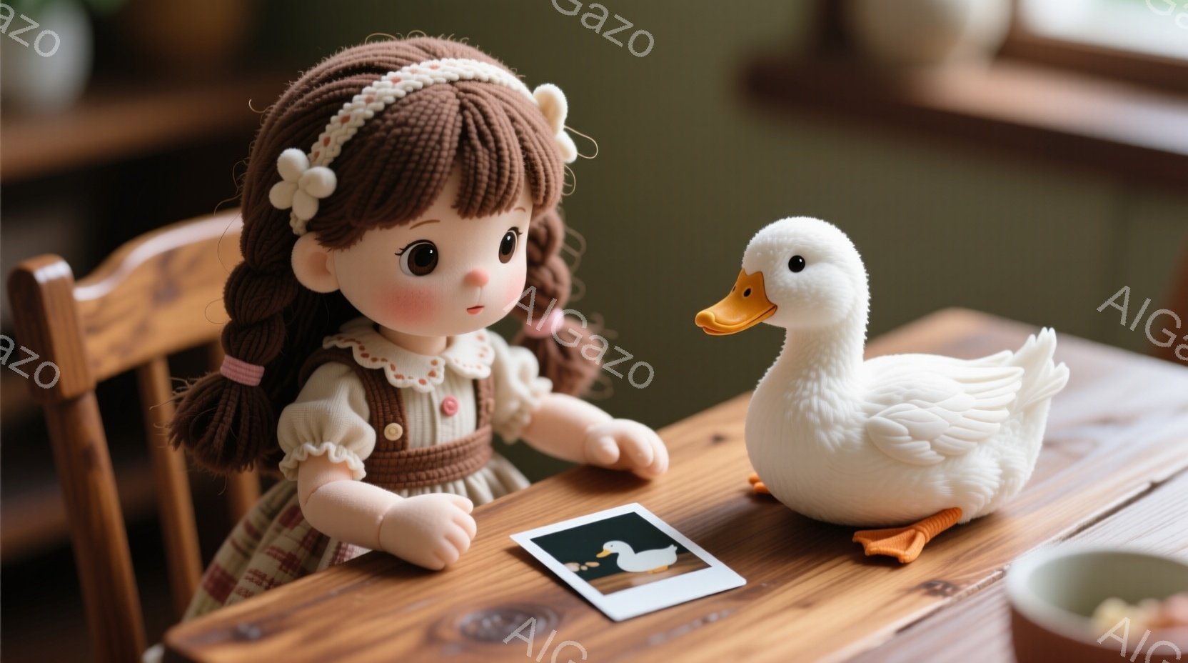 少女はチェック柄のワンピースとリボンで髪を結い、椅子に座って何かを見ている。テーブルの上にはアヒルがおり、小さな写真も置かれている。温かい木製のテーブルと背景のぼかしが、ほのぼのとした家庭的な雰囲気を醸し出している。