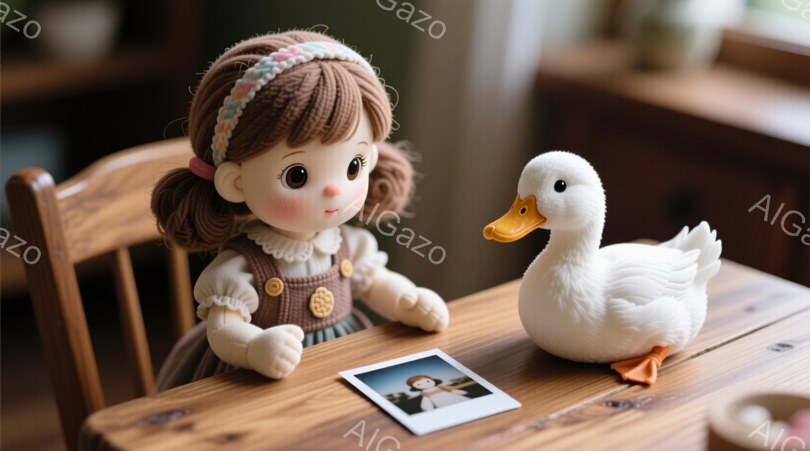 濃い茶色の巻き毛にピンク色のヘッドバンドをつけた少女の人形が、木製のテーブルに座っています。彼女はオフホワイトのフリル付きブラウスと茶色のサスペンダー付きスカートを着ており、テーブルの上には小さな写真が置かれています。背景にはぼやけた家具が見え、全体的に暖かく、ノスタルジックな雰囲気です。