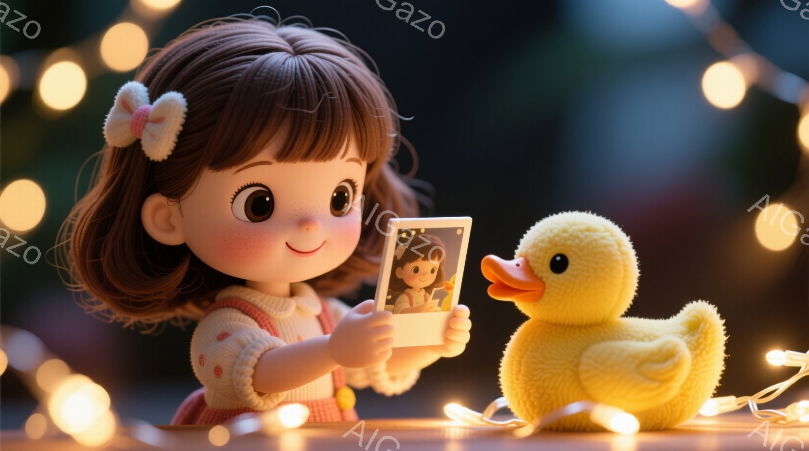 茶髪の巻き毛の少女が、ピンク色の水玉模様のセーターとスカートを着て、手にポラロイド写真を手に持っています。彼女は微笑んでおり、大きな瞳が印象的です。背景には、温かい光を放つ電球が飾られ、黄色いアヒルのぬいぐるみも一緒に置かれ、全体的に暖かく優しい雰囲気を醸し出しています。