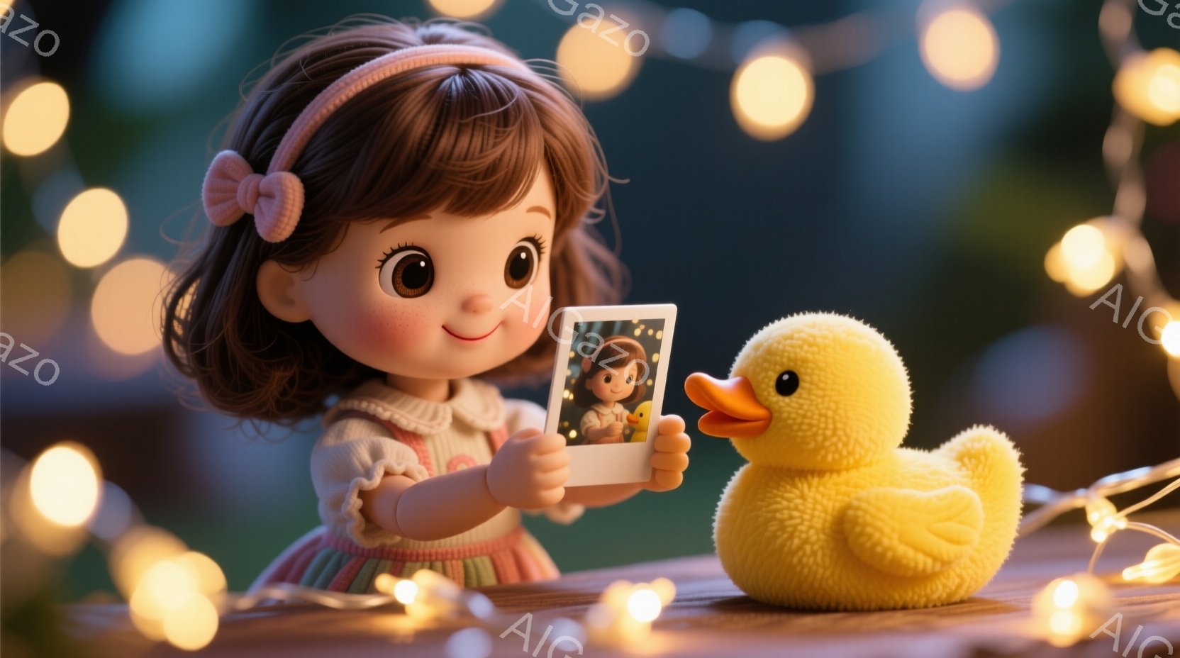 可愛らしい少女が、ポラロイド写真を手にして微笑んでいます。彼女はピンクのリボンで結んだ茶色の巻き毛を持ち、淡いピンク色のドレスを着ています。背景には、温かい光を放つぼやけた光のストリングライトがあり、 - AI生成フリー素材