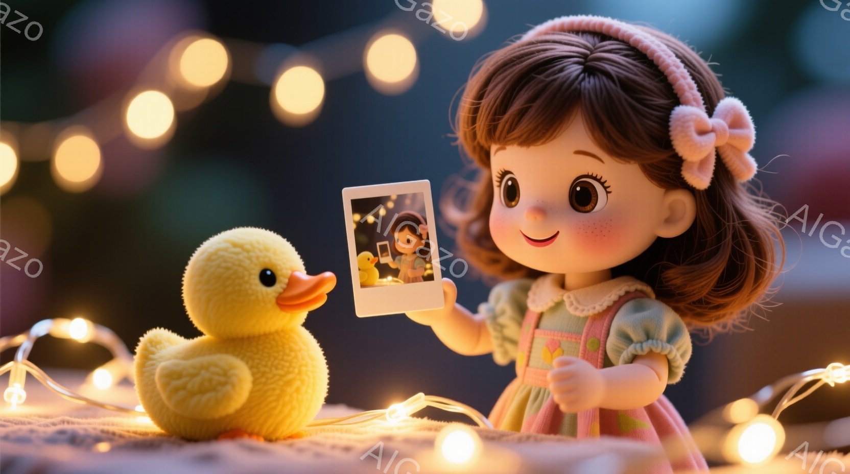 茶色の巻き毛にピンクのリボンをつけた少女が、鮮やかなピンクと緑のワンピースを着ています。彼女は満面の笑みを浮かべ、ポラロイドカメラで撮影したばかりの写真を見つめています。背景にはぼやけた暖色の光が点在 - AI生成フリー素材