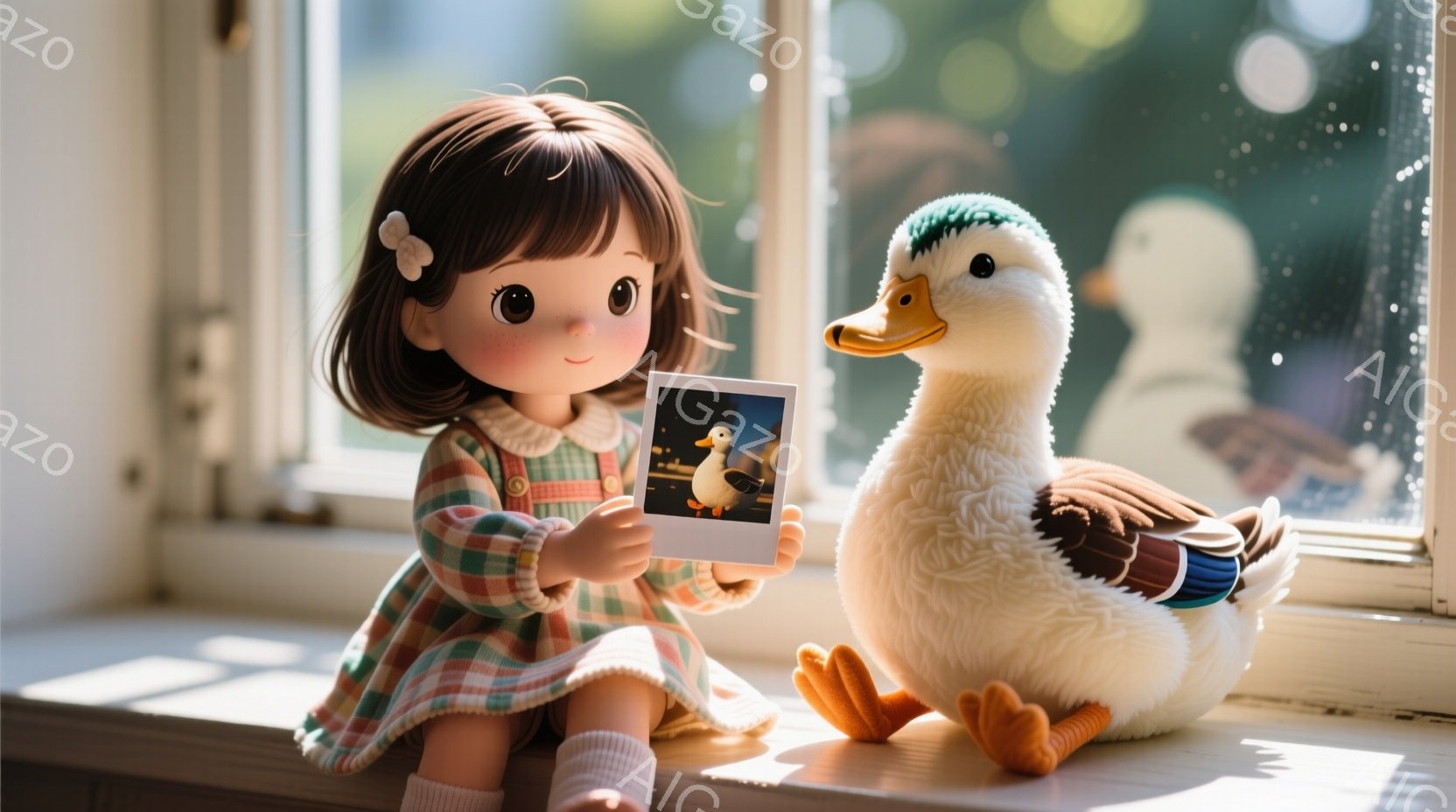 茶色の巻き毛の少女が窓際に座り、小さな写真のポラロイドを手に持っています。彼女はチェック柄の緑と白のワンピースと、白いソックスを履いています。背景には、大きなぬいぐるみのようなアヒルが座っており、窓の - AI生成フリー素材