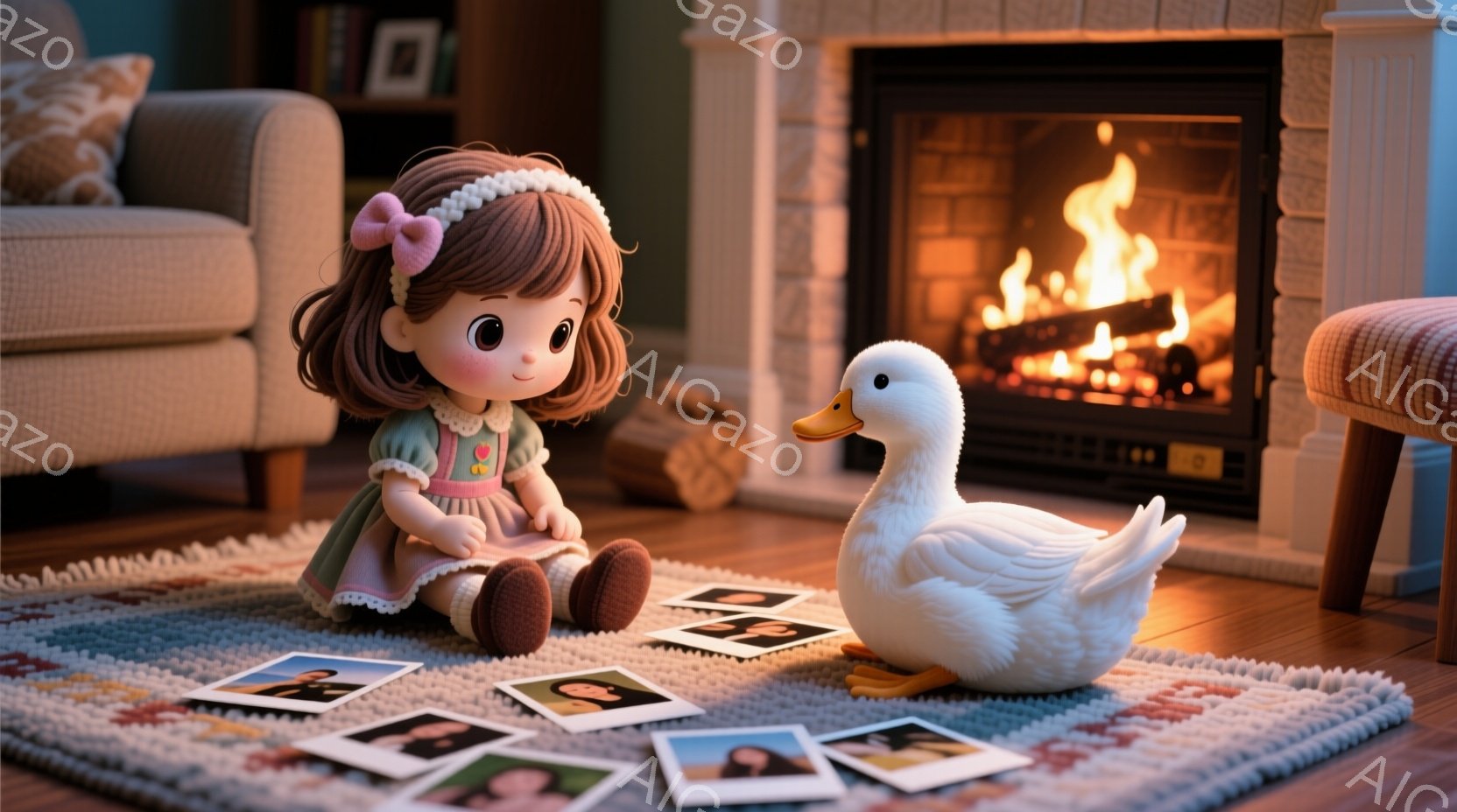 茶色の巻き毛の少女は、ピンクのリボンと白いレースのヘアバンドをつけている。彼女はフローラルプリントの緑色のドレスを着て、カーペットの上に座って写真を見ている。暖炉が燃え盛る部屋で、白のアヒルの置物が彼女の隣に座っており、温かく居心地の良い雰囲気を醸し出している。