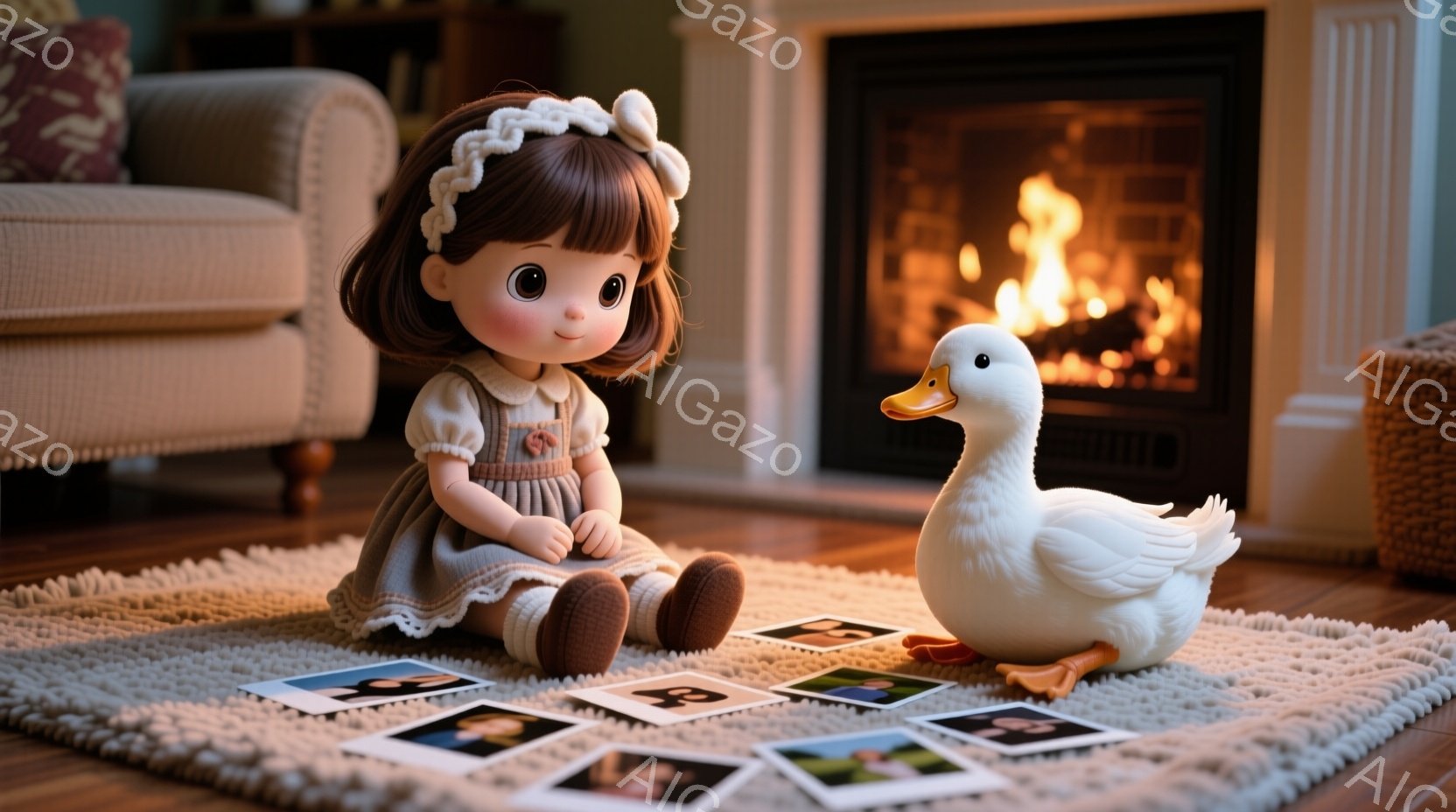 明るい色のカーペットの上に、茶色の服を着た女の子の人形が座ってカードを広げています。人形は茶色の巻き毛に白いリボンをつけており、穏やかな表情をしています。背景には暖炉があり、火が燃えており、温かく居心地の良い雰囲気を醸し出しています。