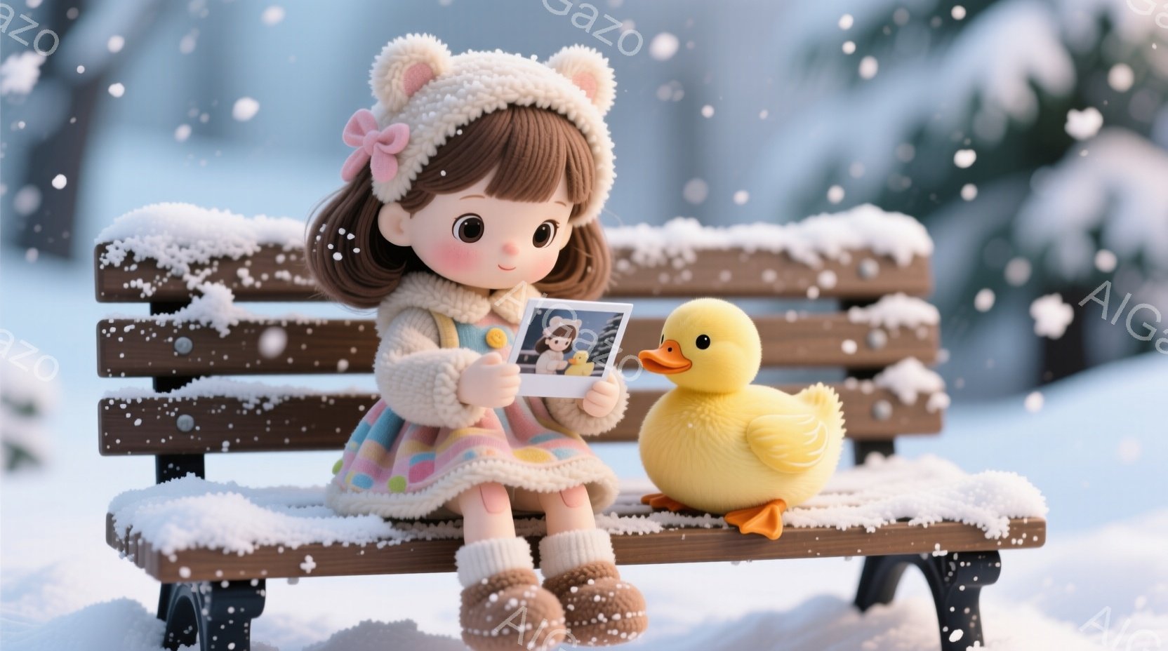雪が降る中で、少女がベンチに座り、写真を見つめている。彼女はクリーム色の帽子と、パステルカラーのコート、茶色のブーツを着ており、可愛らしい笑顔を浮かべている。背景には雪景色が広がり、穏やかで温かい雰囲気を醸し出している。